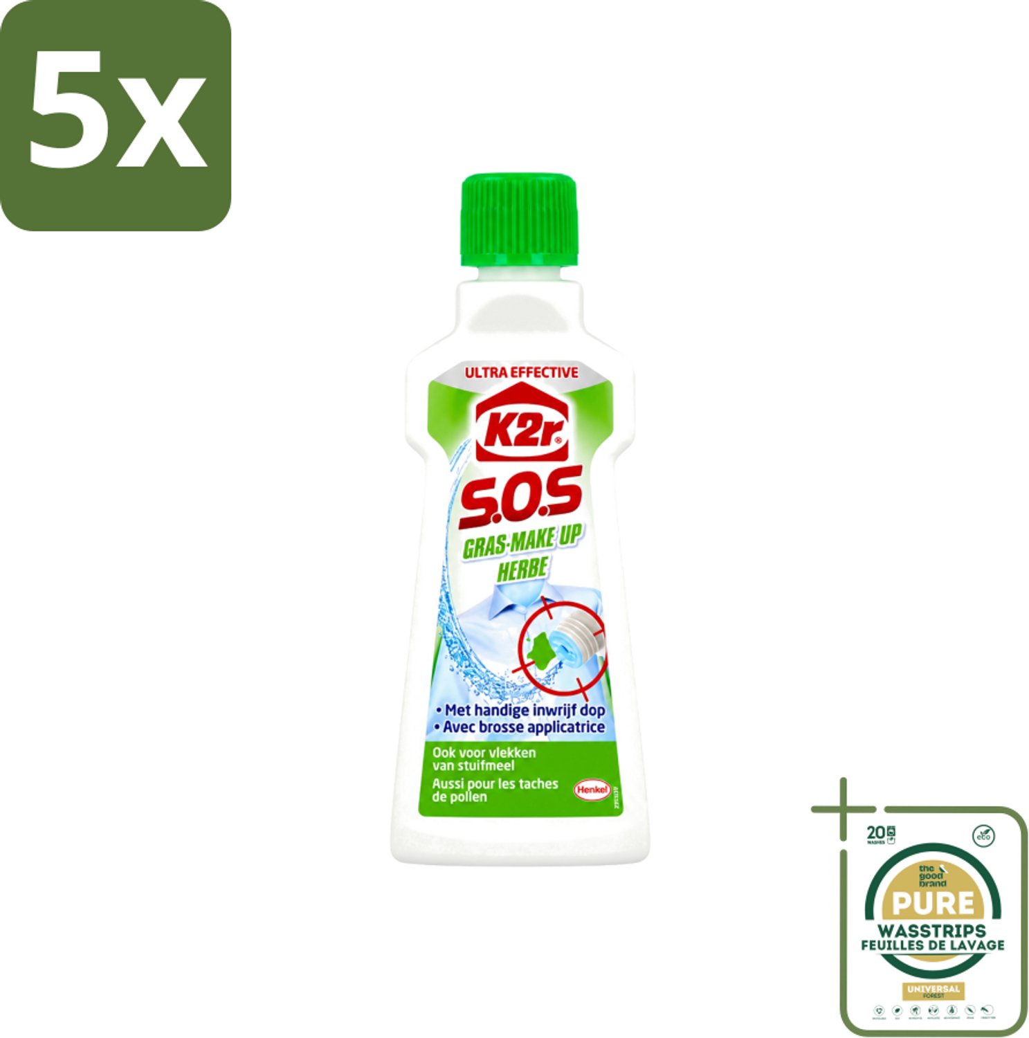 5 x K2R - SOS Vlekverwijderaar - Gras & Make-up - 50ml - Wasstrips - Vlekverwijderaar - Grasvlek - Make-upvlek - Textielverwijderaar - Vlekken Verwijderen