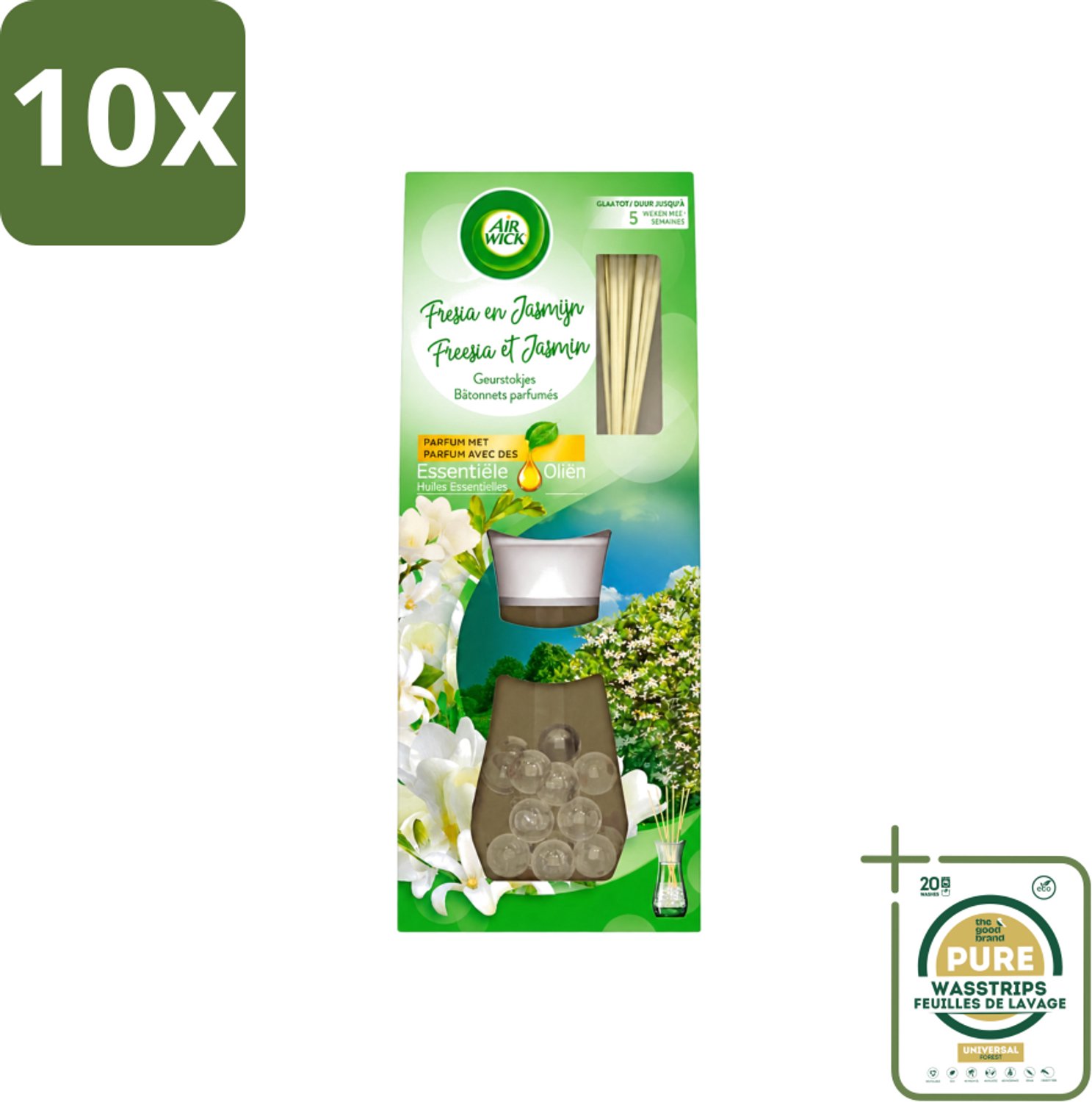 10 x Air Wick Essential Oils - Geurstokjes - Freesia & Jasmijn - 30ml - Wasstrips - Geurstokjes - Bloemige Geur - Freesia - Jasmijn - Essentiële Oliën