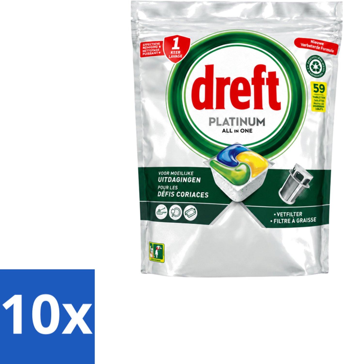 10 x Dreft – Vaatwastabletten – All-in-One Platinum – Lemon – 59 Tabletten - Voordeelverpakking - 10 stuks