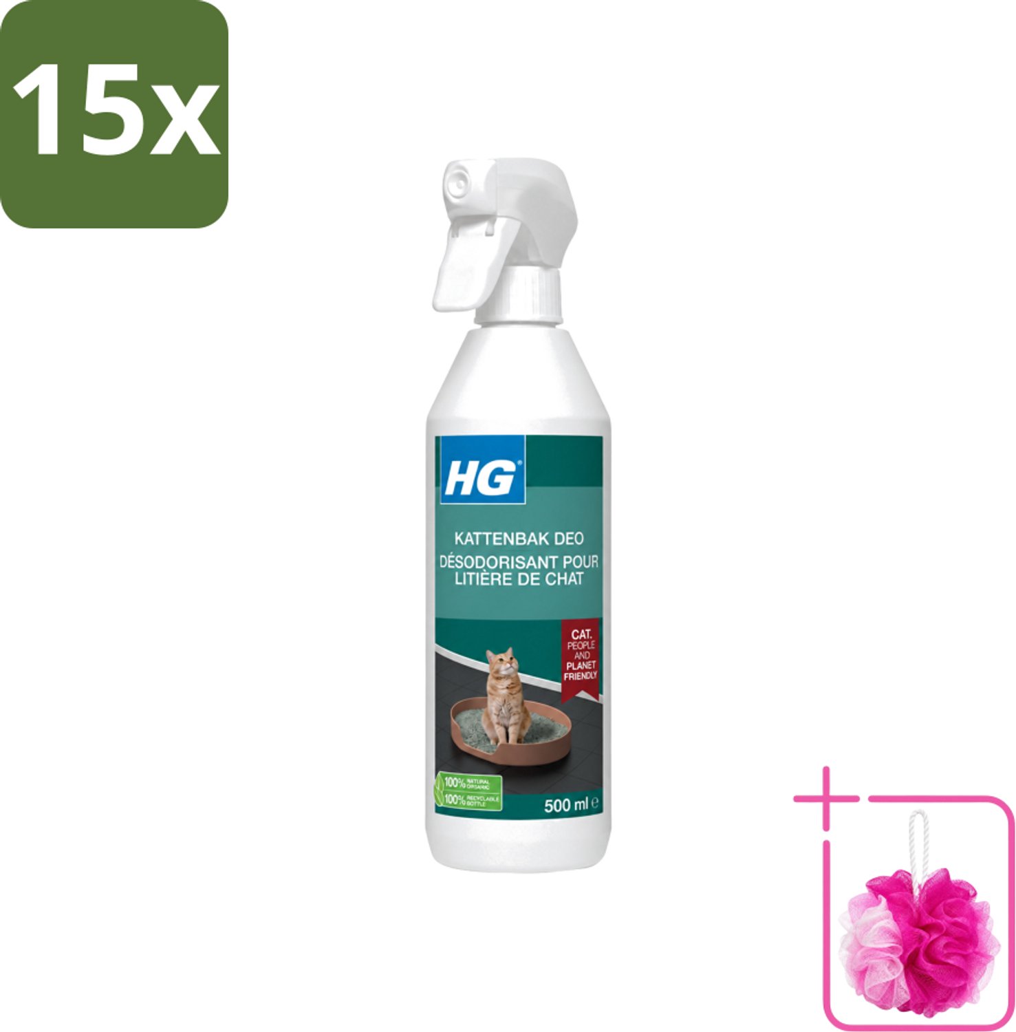 15 x HG - Kattenbak Deo - Neutraliseert Geuren - 100% Biologisch - 500 ml - Bulkverpakking - Kattenbak deo - Douchemop - Geurneutralisatie