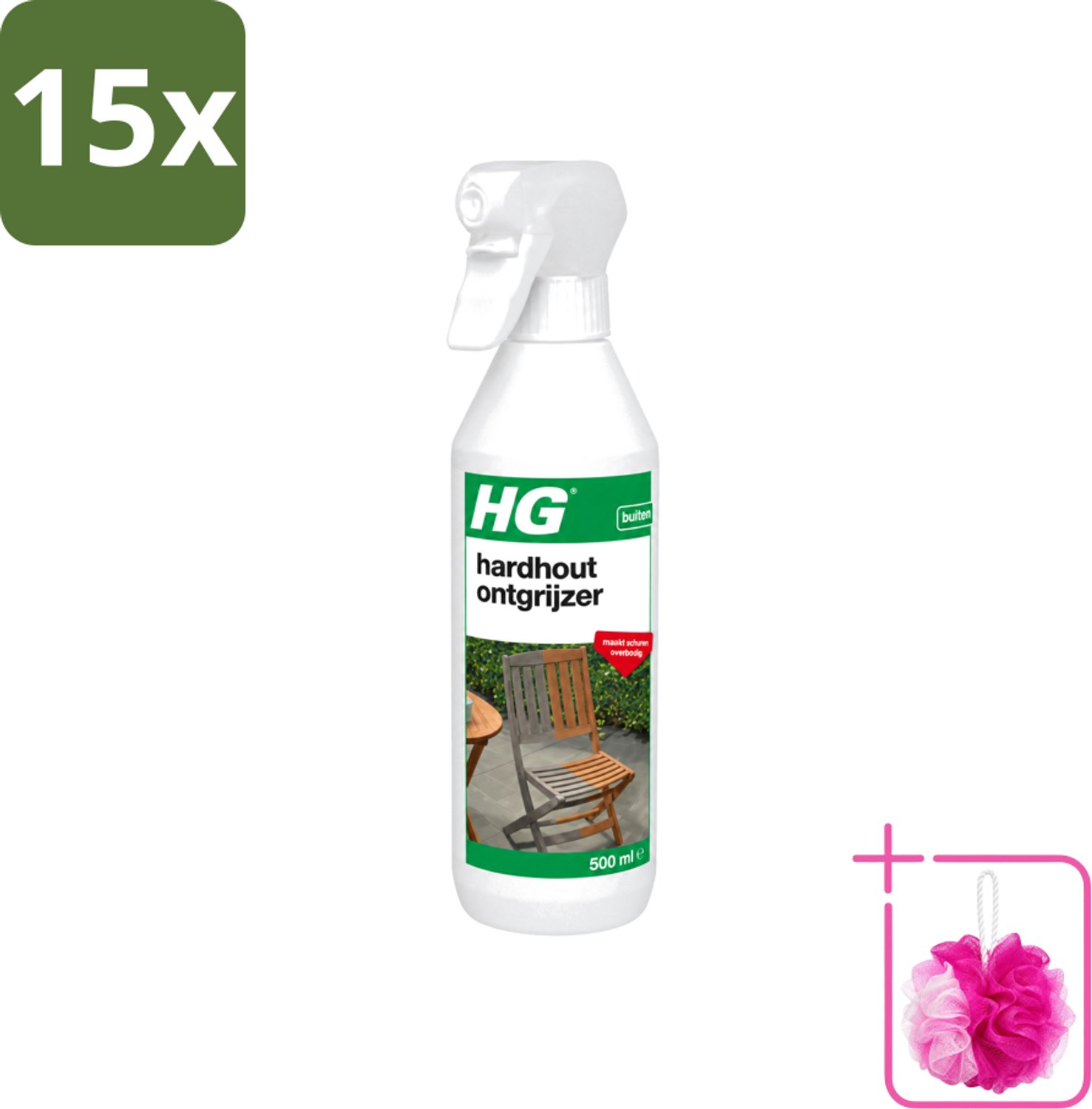 15 x HG - Buiten - Hardhout Ontgrijzer - Maakt Schuren Overbodig - 500 ml - Bulkverpakking - Hardhout ontgrijzen - Douchemop - Tuinmeubel reinigen