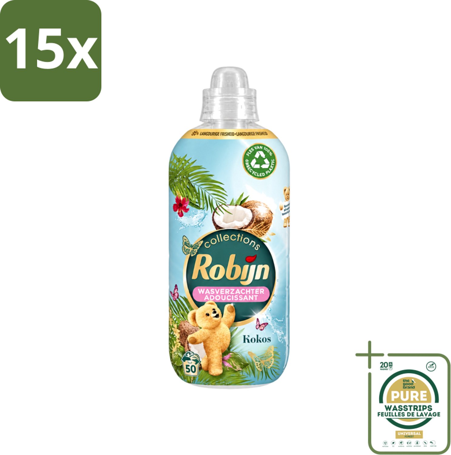 15 x Robijn Collections - Wasverzachter - Kokos - 1,25L - 50 Wasbeurten - Wasstrips - Wasverzachter Kokos - Wasverzachter Voor Kleding - Kokos Geur Wasverzachter - Wasverzachter Voor Wasbeurten - Wasverzachter Met Luxe Geur