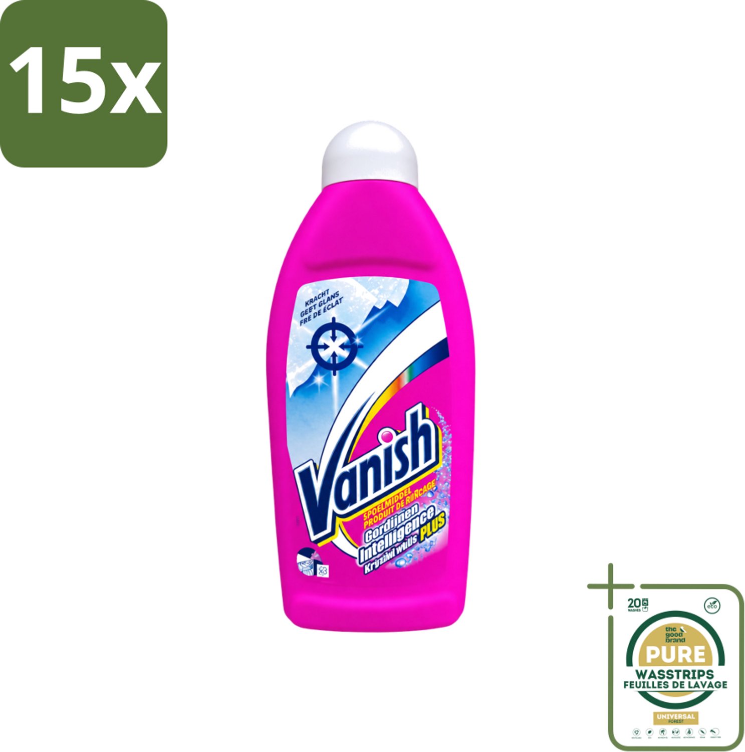 15 x Vanish Gordijnen - Kristalwit - Wasmiddel - Zonder Chloor - Witte Was - 500 ml - Wasstrips - Gordijnen Reinigen - Witte Gordijnen - Wasmiddel Voor Gordijnen - Chloorloos Wasmiddel - Gordijnen Wasmiddel