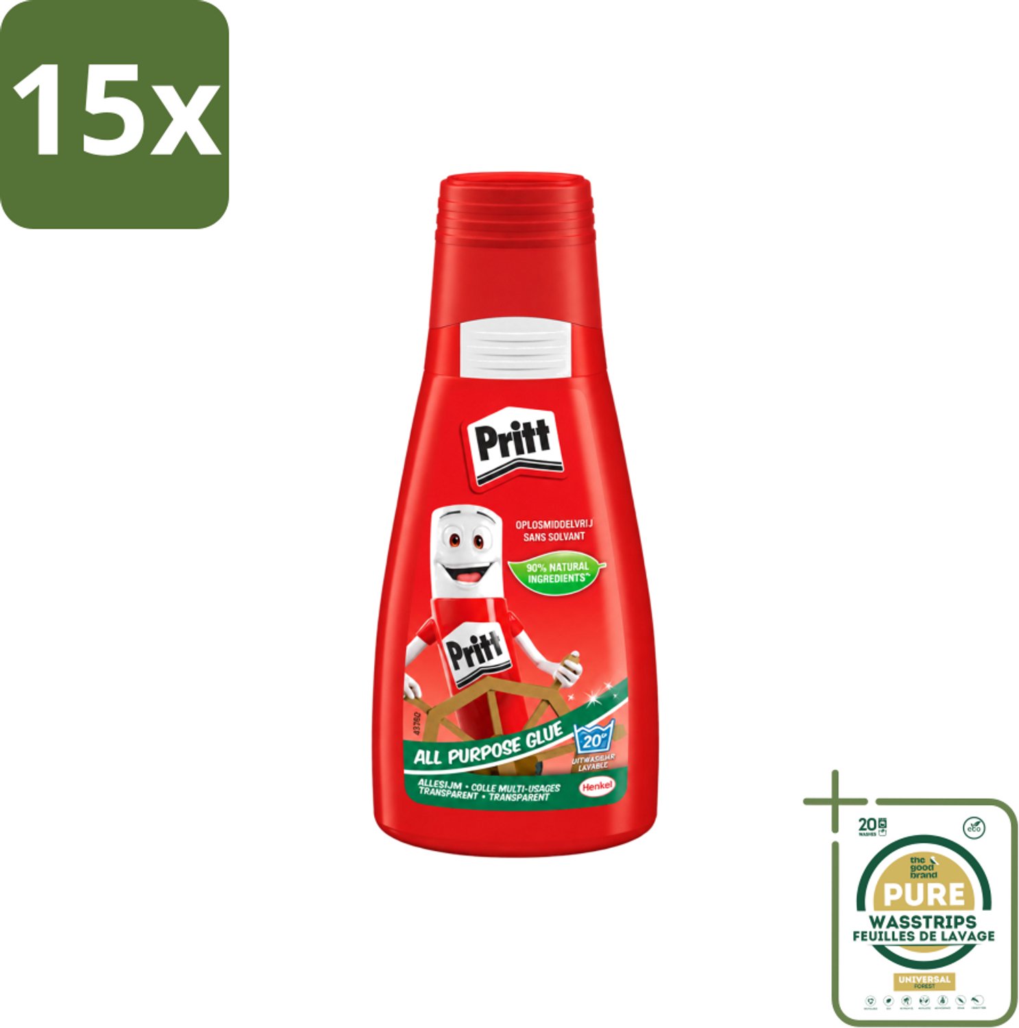 15 x Pritt - Alleslijm - Uitwasbaar - 90% Natuurlijke Ingrediënten - 100g - Wasstrips - Lijm - Knutsel - Reparatie - Kindvriendelijk - Veilig