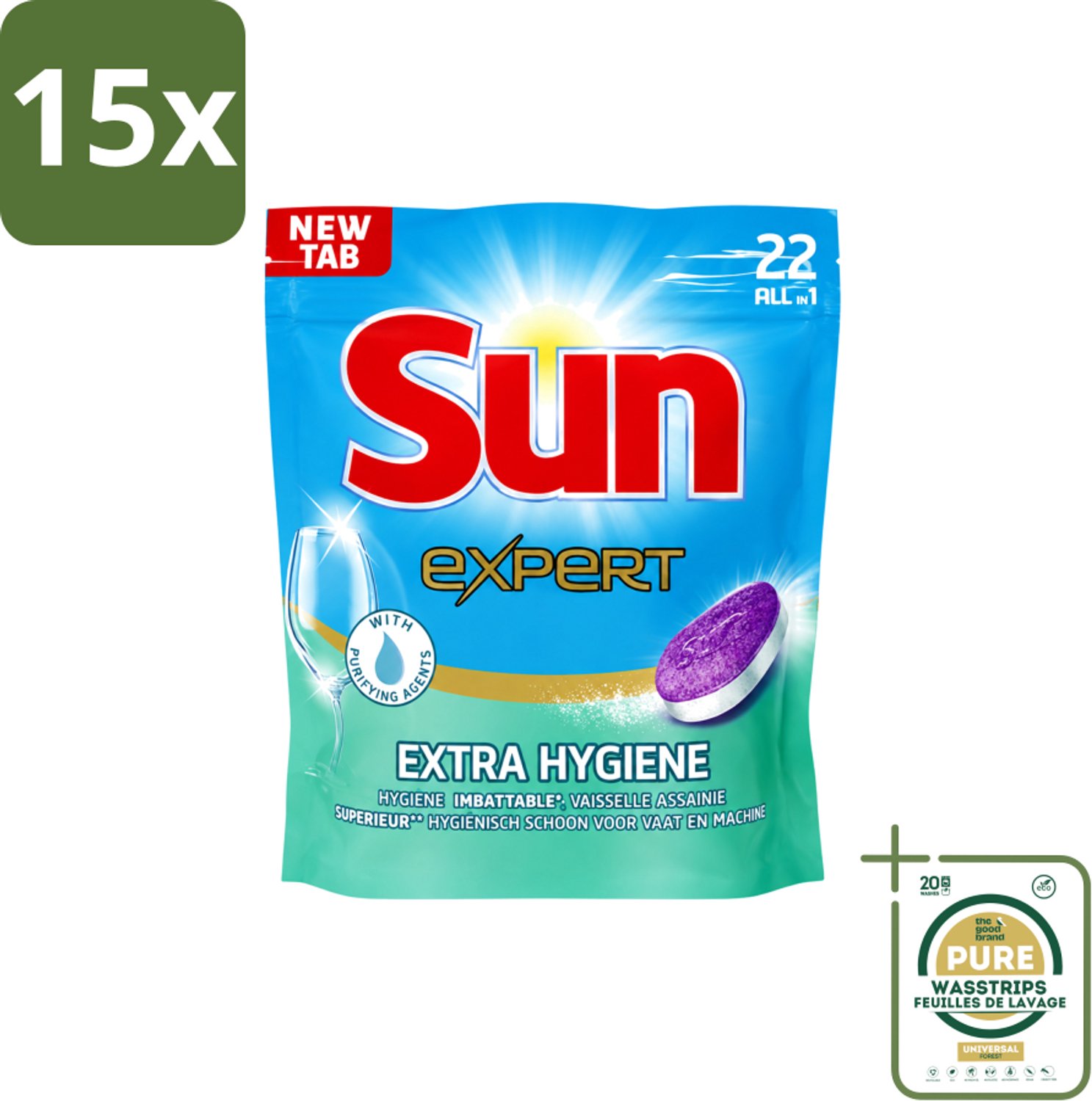 15 x Sun Expert - Extra Hygiëne - Vaatwastabletten - 22 Tabletten - Wasstrips - Vaatwastabletten - Hygiëne - Vaatwasser - Reiniging - Kalk