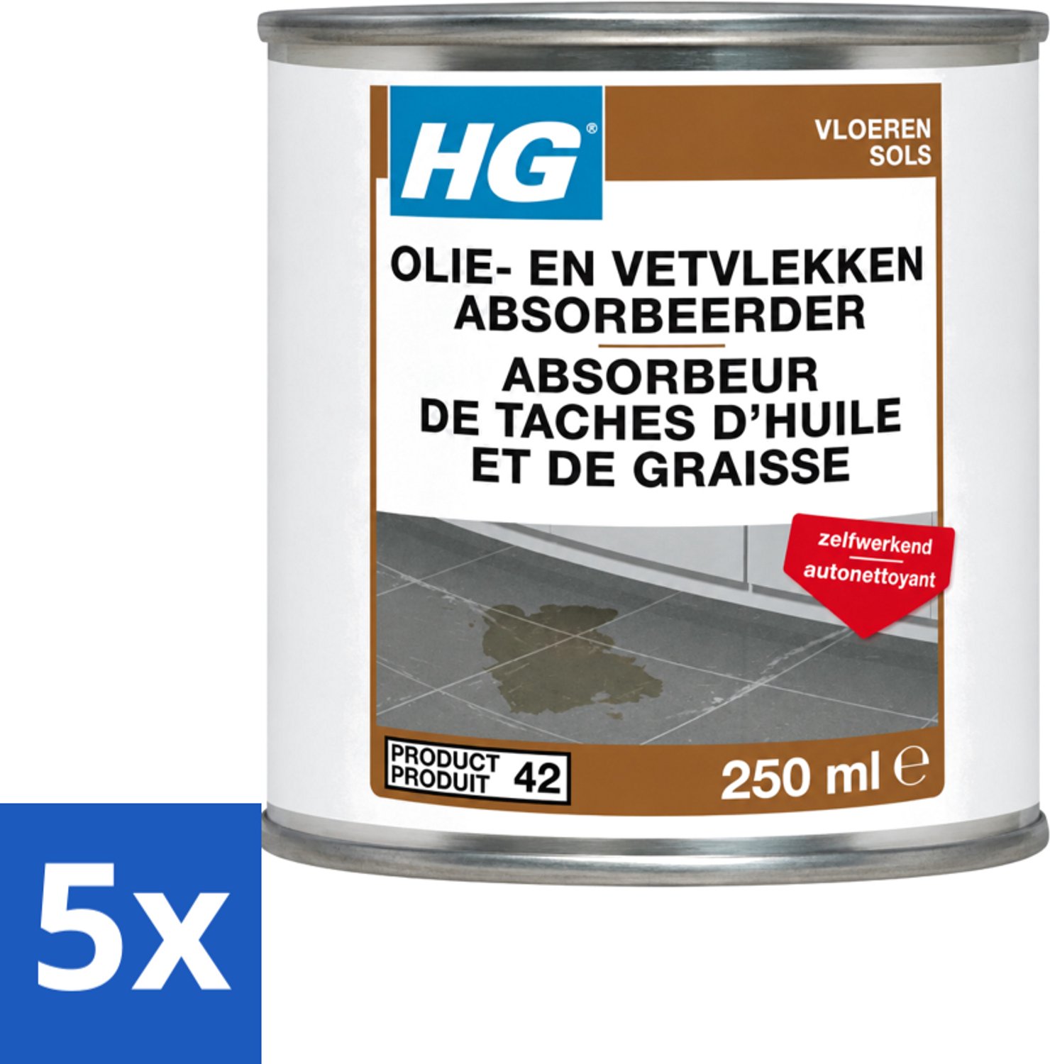 5 x HG - Tegel- & Natuursteen - Olie & Vetvlekken Absorbeerder - Zelfwerkend - 250 ml - Voordeelverpakking - 5 stuks