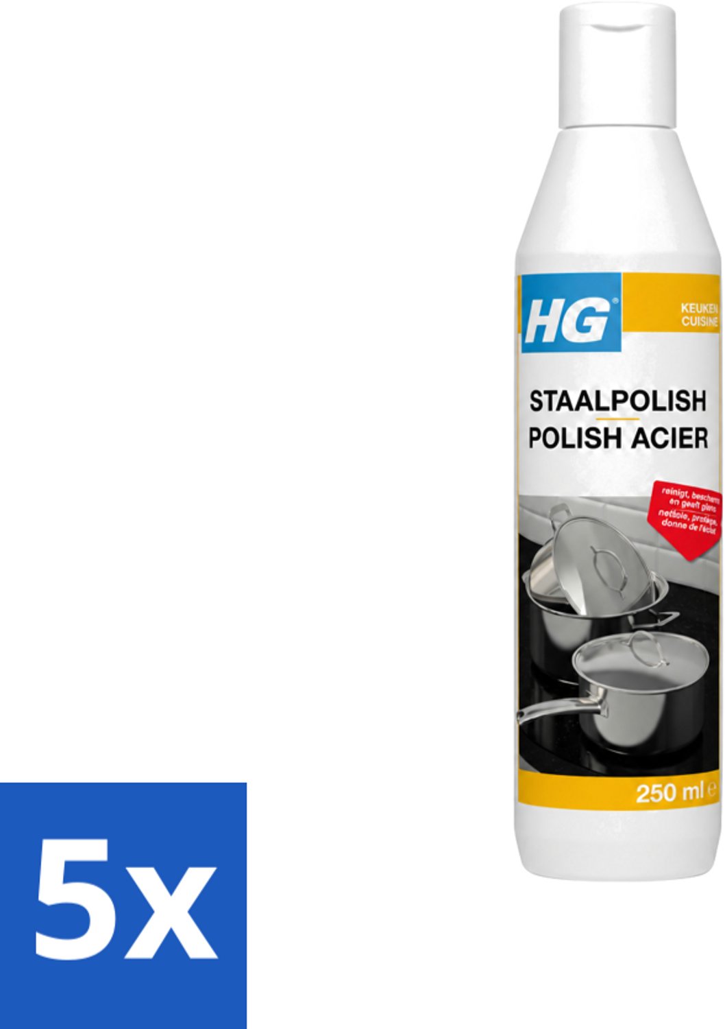 5 x HG - Staalpolish - Beschermt & Polijst RVS - 250 ml - Voordeelverpakking - 5 stuks
