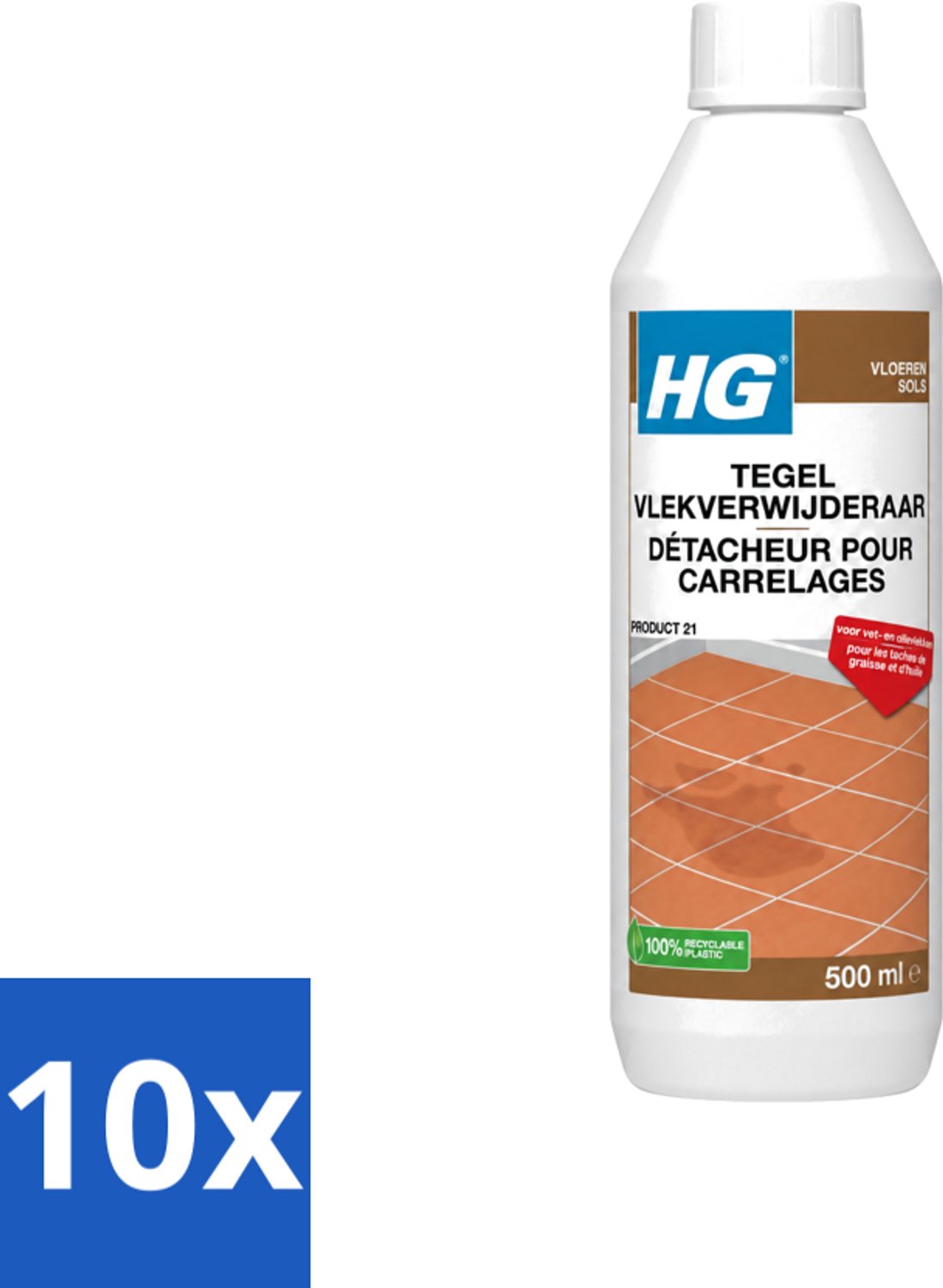 10 x HG - Vloeren - Tegel Vlekverwijderaar - Voor Vet & Olievlekken - 500 ml - Voordeelverpakking - 10 stuks