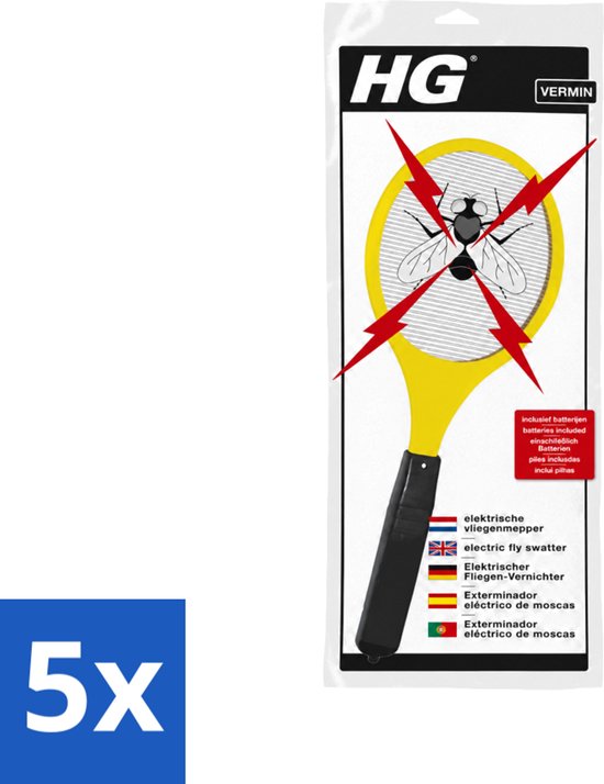 Set van 5 HG elektrische vliegenmeppers met geel racket en zwarte handgreep in verpakking inclusief batterijen.
