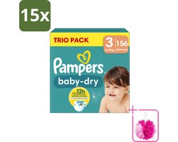 15 x Pampers – Luiers – Baby-Dry Trio Pack Maat 3 (6-10 kg) – 156 Luiers - Bulkverpakking - Baby luiers - Douchemop - Droge luiers