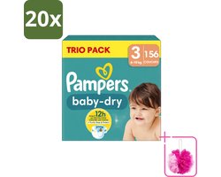 20 x Pampers – Luiers – Baby-Dry Trio Pack Maat 3 (6-10 kg) – 156 Luiers - Bulkverpakking - Baby luiers - Douchemop - Droge luiers