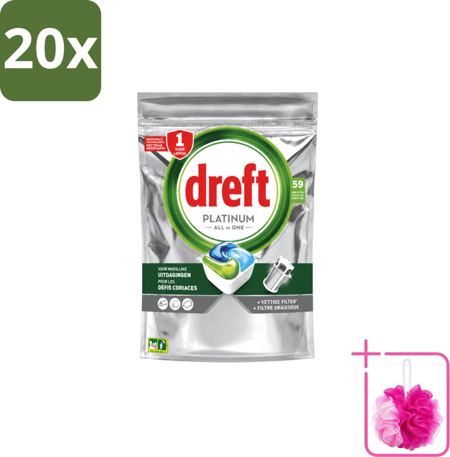 20 x Dreft – Vaatwastabletten – Platinum All-in-One Original – 59 Tabletten - Bulkverpakking - Vaatwastabletten - Douchemop - Vaatwasser