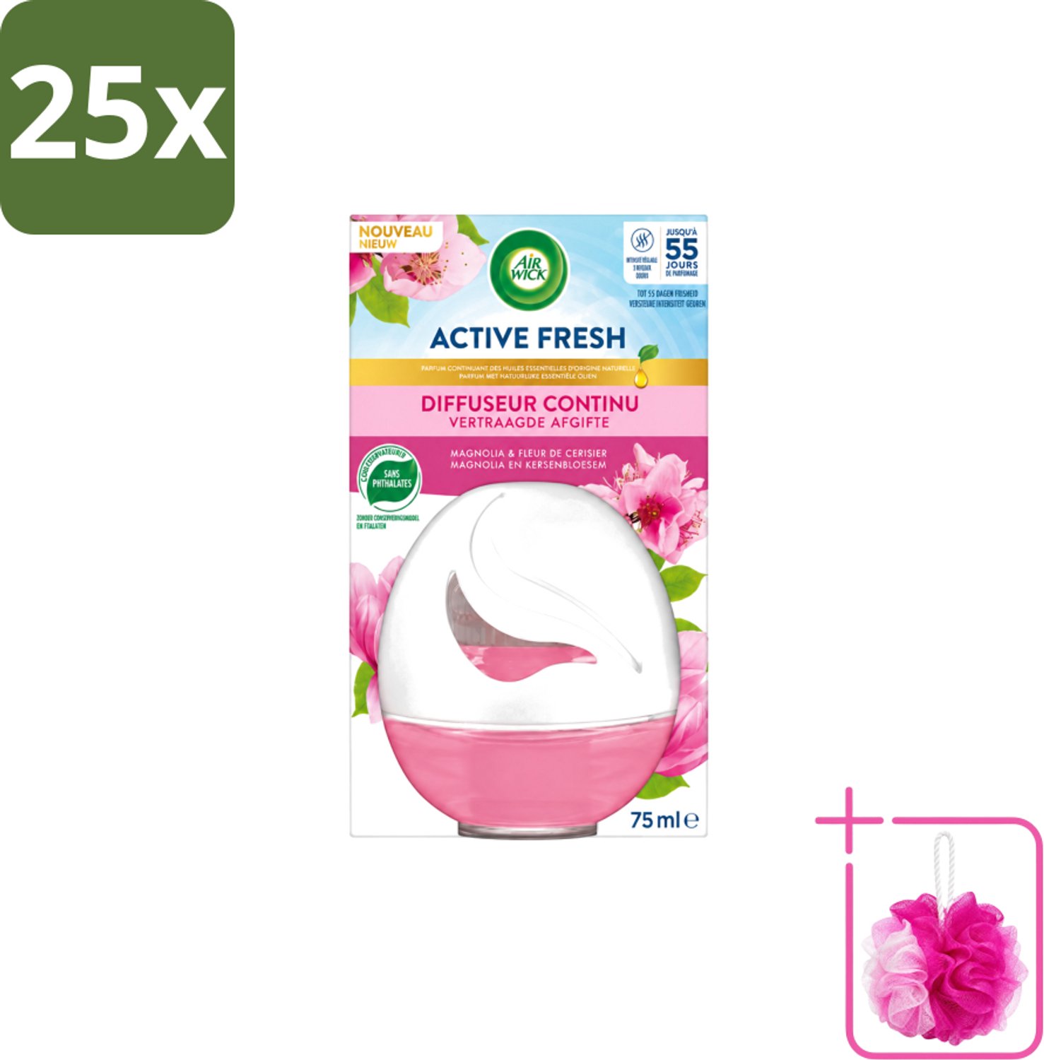 25 x Air Wick – Luchtverfrisser – Deco Sphere Magnolia & Kersenbloesem – 75 ml - Bulkverpakking - Luchtverfrisser - Douchemop - Geur