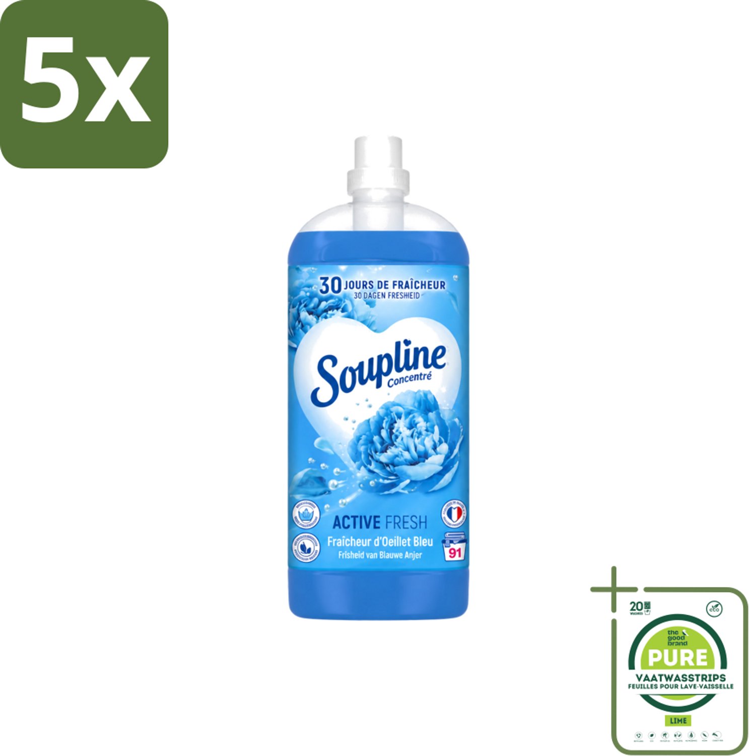 5 x Soupline – Wasverzachter – Active Fresh Frisheid van Blauwe Anjer – 2 L - Grootverpakking - Vaatwasstrips - Wasverzachter - Frisheid - Blauwe Anjer - Wasgoed - Kleding
