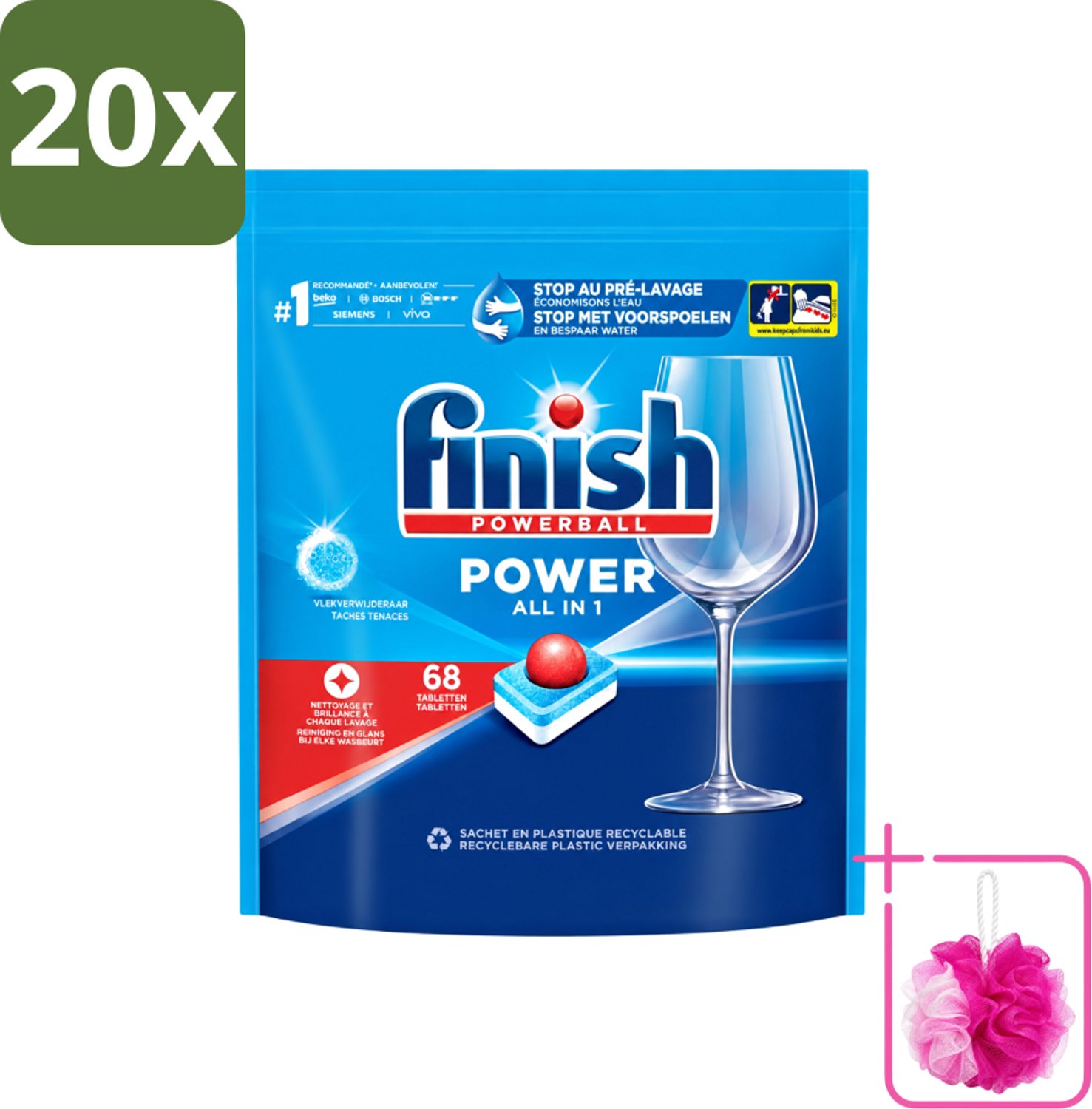20 x Finish Powerball - Power All in 1 - Vaatwastabletten - Reiniging & Glans - 68 Tabletten - Bulkverpakking - Vaatwastabletten - Douchemop - Vaat reinigen