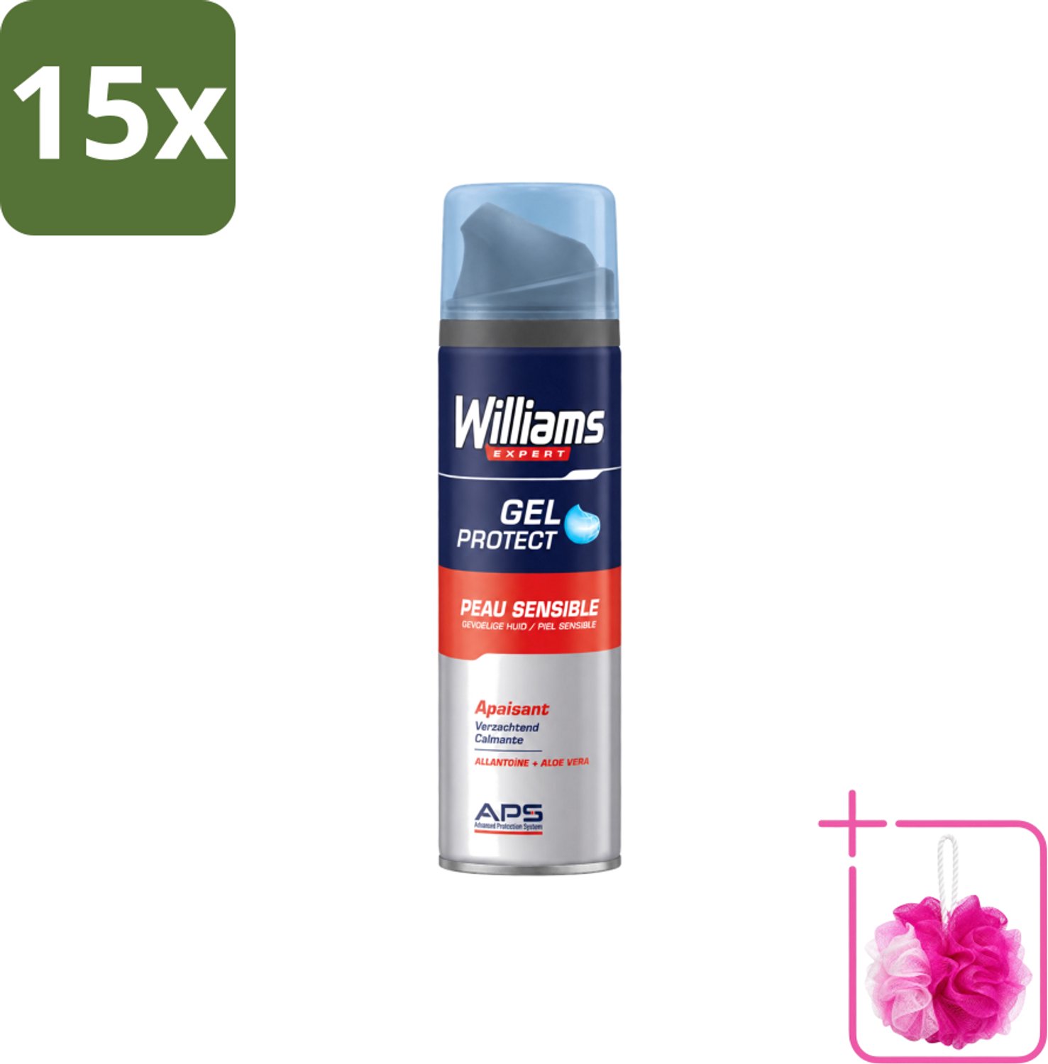15 x Williams - Expert - Scheergel - Gevoelige Huid- 200 ml - Bulkverpakking - Scheergel voor gevoelige huid - Douchemop - Gevoelige huid scheerproducten