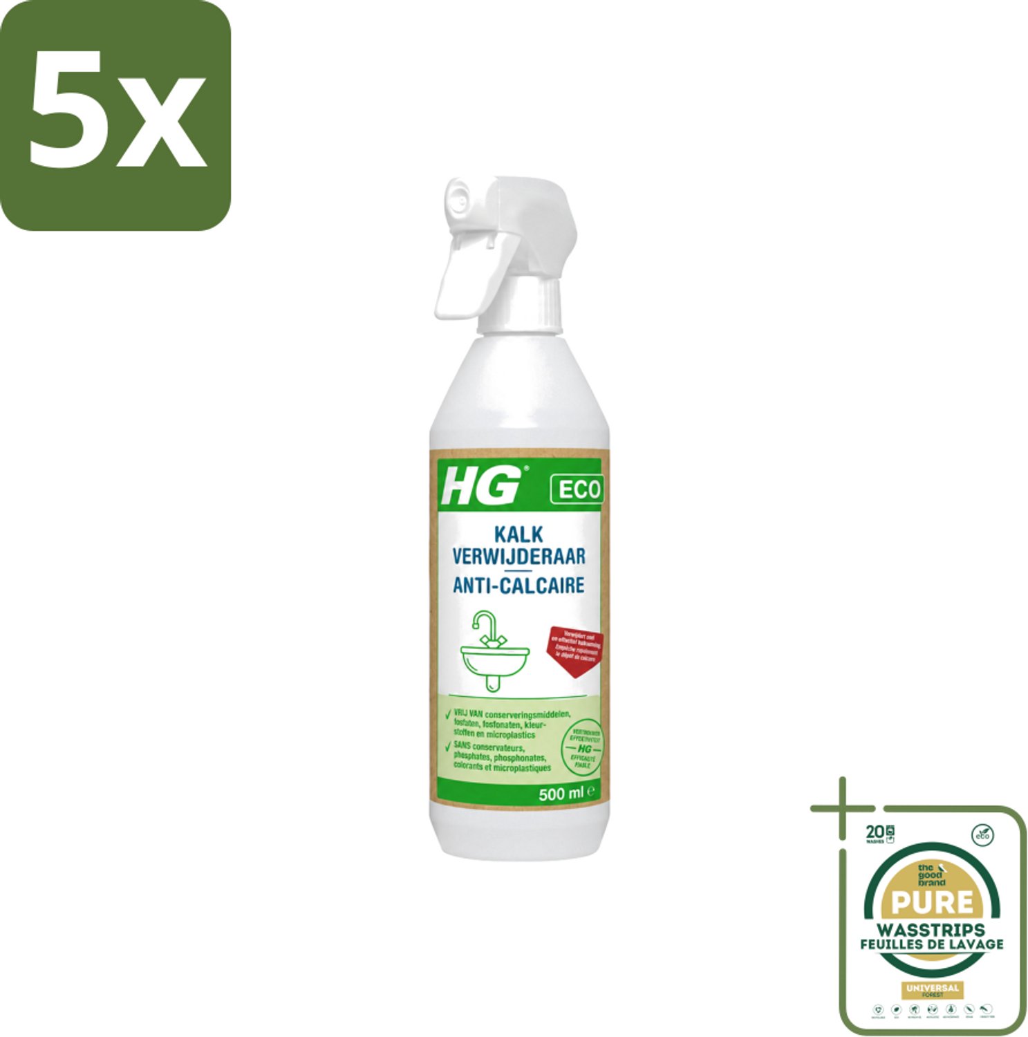 5 x HG ECO - Kalkverwijderaar - Snel & Effectief - Glanzend Resultaat - 500 ml - Wasstrips - Kalkverwijderaar - Kalkaanslag - Milieuvriendelijk - Natuurlijke Ingrediënten - Conserveringsmiddelen