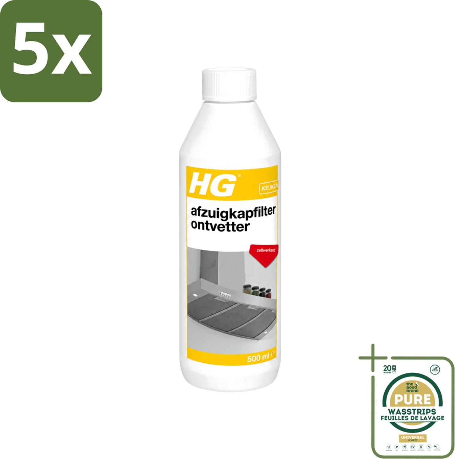 5 x HG - Afzuigkapfilter Ontvetter - Zelfwerkend - 500 ml - Wasstrips - Afzuigkapfilter - Ontvetter - Afzuigkap Reinigen - Vet Verwijderen - Afzuigkap Filter