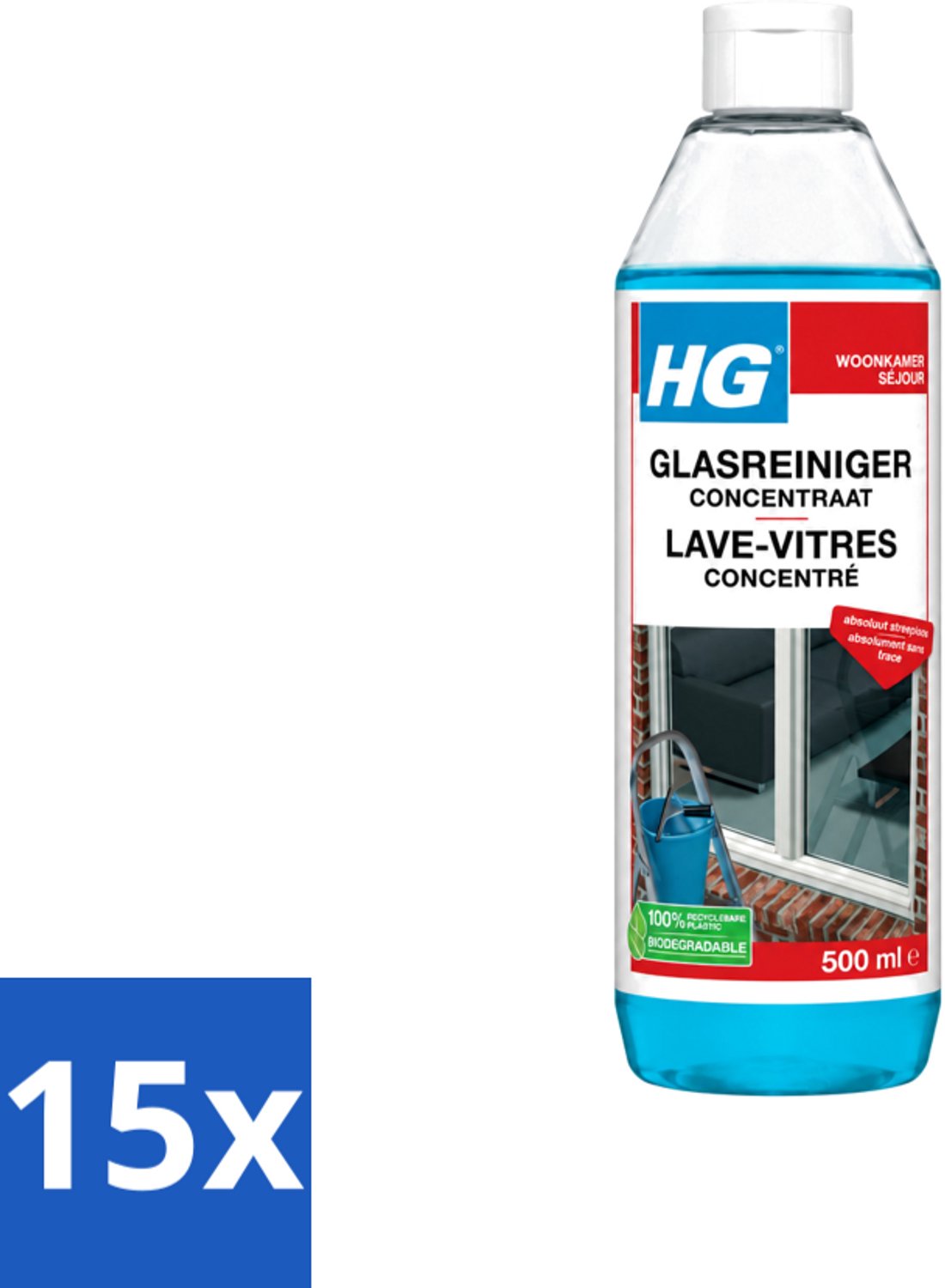 15 x HG - Glasreiniger Concentraat - Streeploos Schoon - 12 Schoonmaakbeurten - 500 ml - Voordeelverpakking - 15 stuks