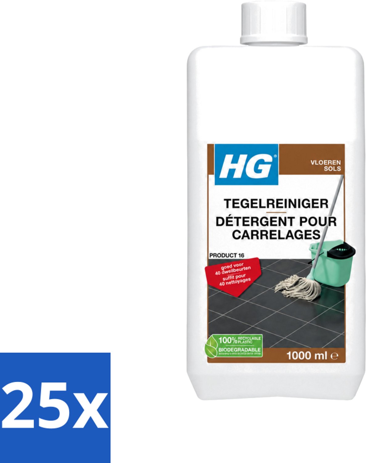 25 x HG - Vloeren - Tegelreiniger - 40 Dweilbeurten - 1L - Voordeelverpakking - 25 stuks