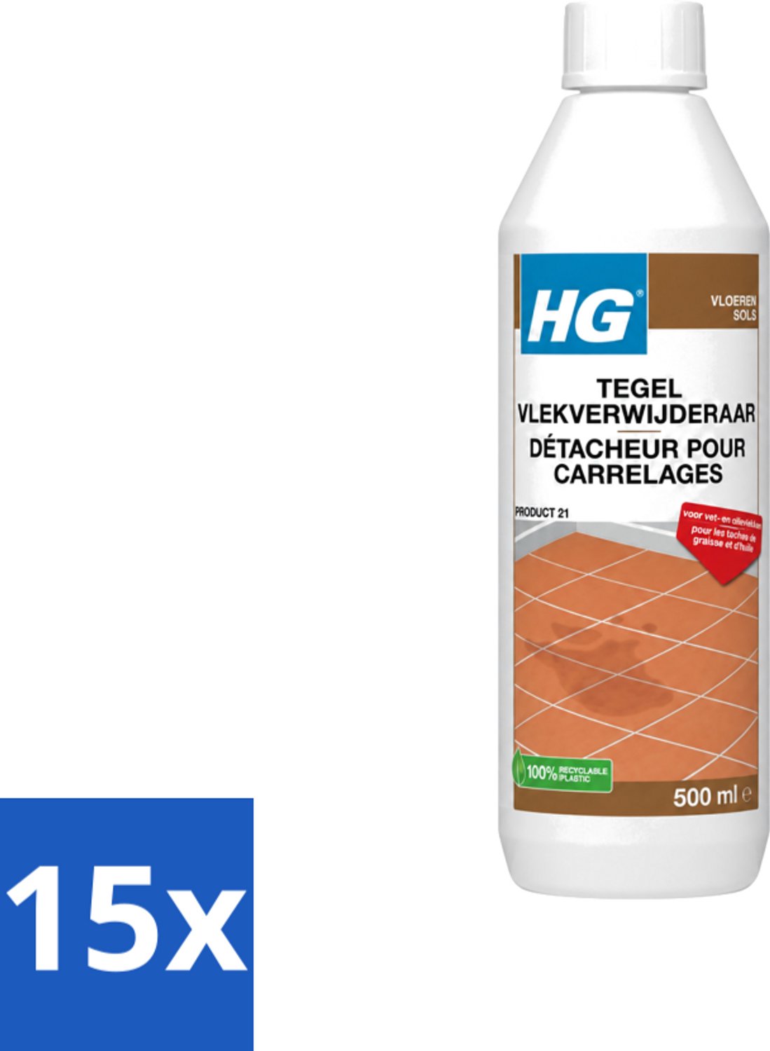 15 x HG - Vloeren - Tegel Vlekverwijderaar - Voor Vet & Olievlekken - 500 ml - Voordeelverpakking - 15 stuks