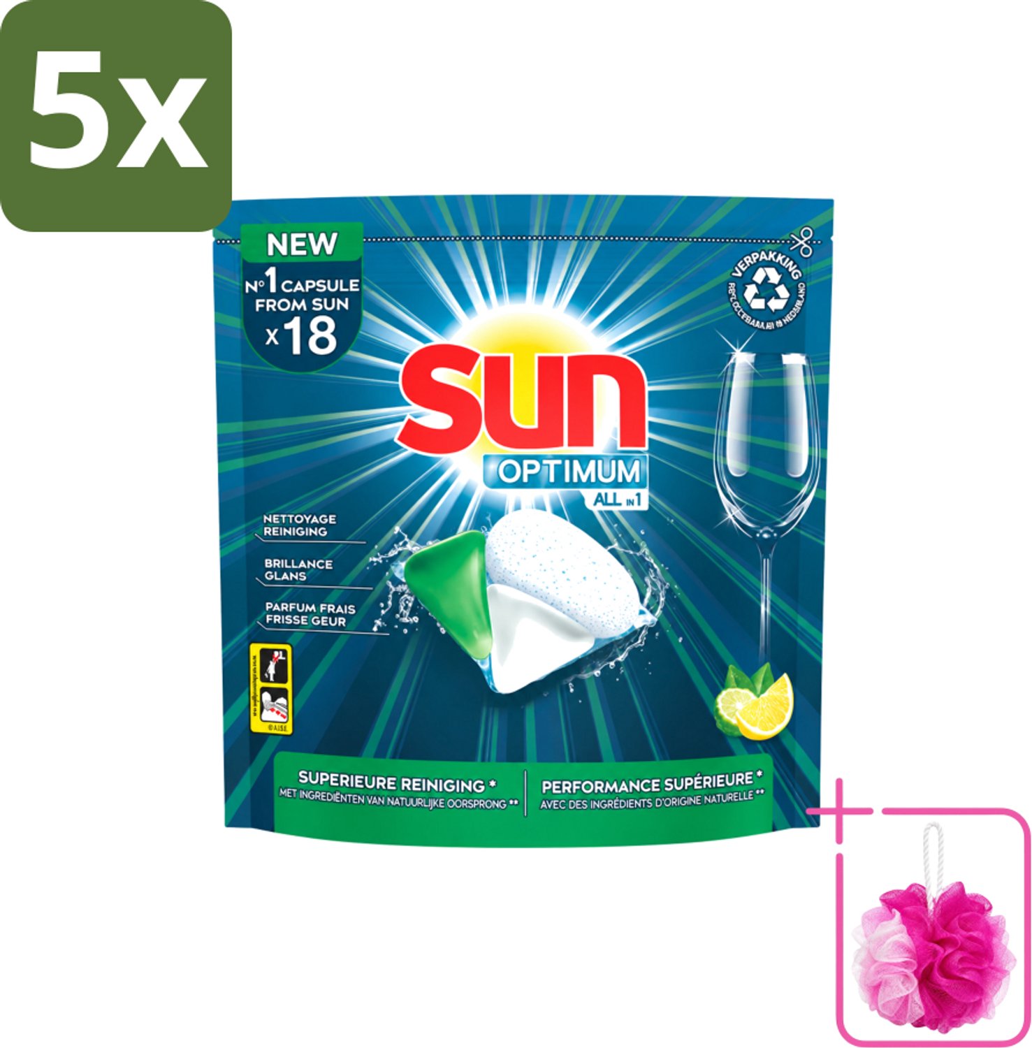 5 x Sun Optimum - All-in-1 - Vaatwasmiddel - Capsules - Citroen - 18 Capsules - Bulkverpakking - Vaatwasmiddel - Douchemop - Vaatwascapsules