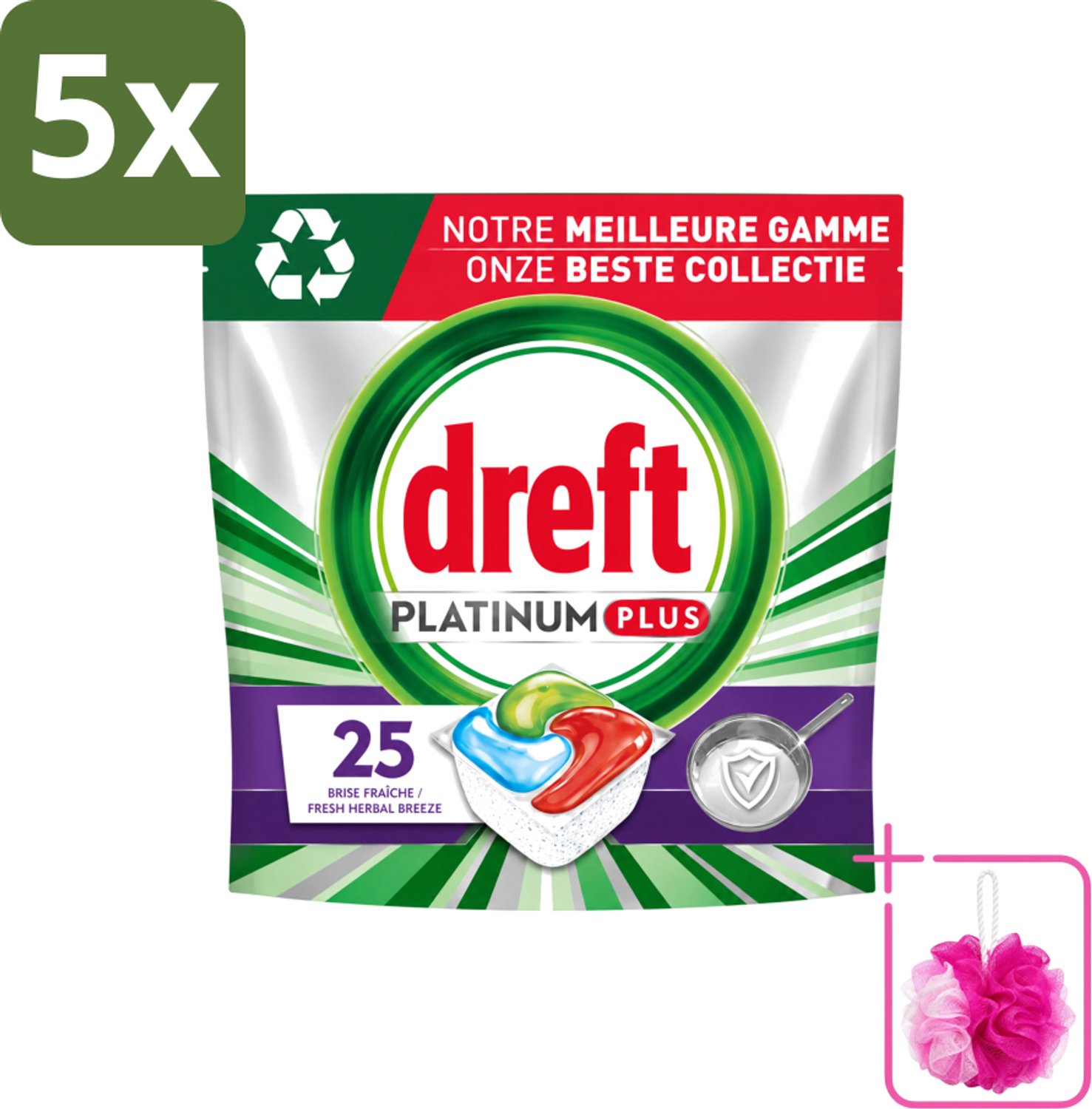 5 x Dreft Platinum Plus - Vaatwascapsules - Deep Clean Boosted - Fresh Herbal Breeze - 25 Afwasbeurten - Bulkverpakking - Vaatwassen - Douchemop - Vaatwasmiddel