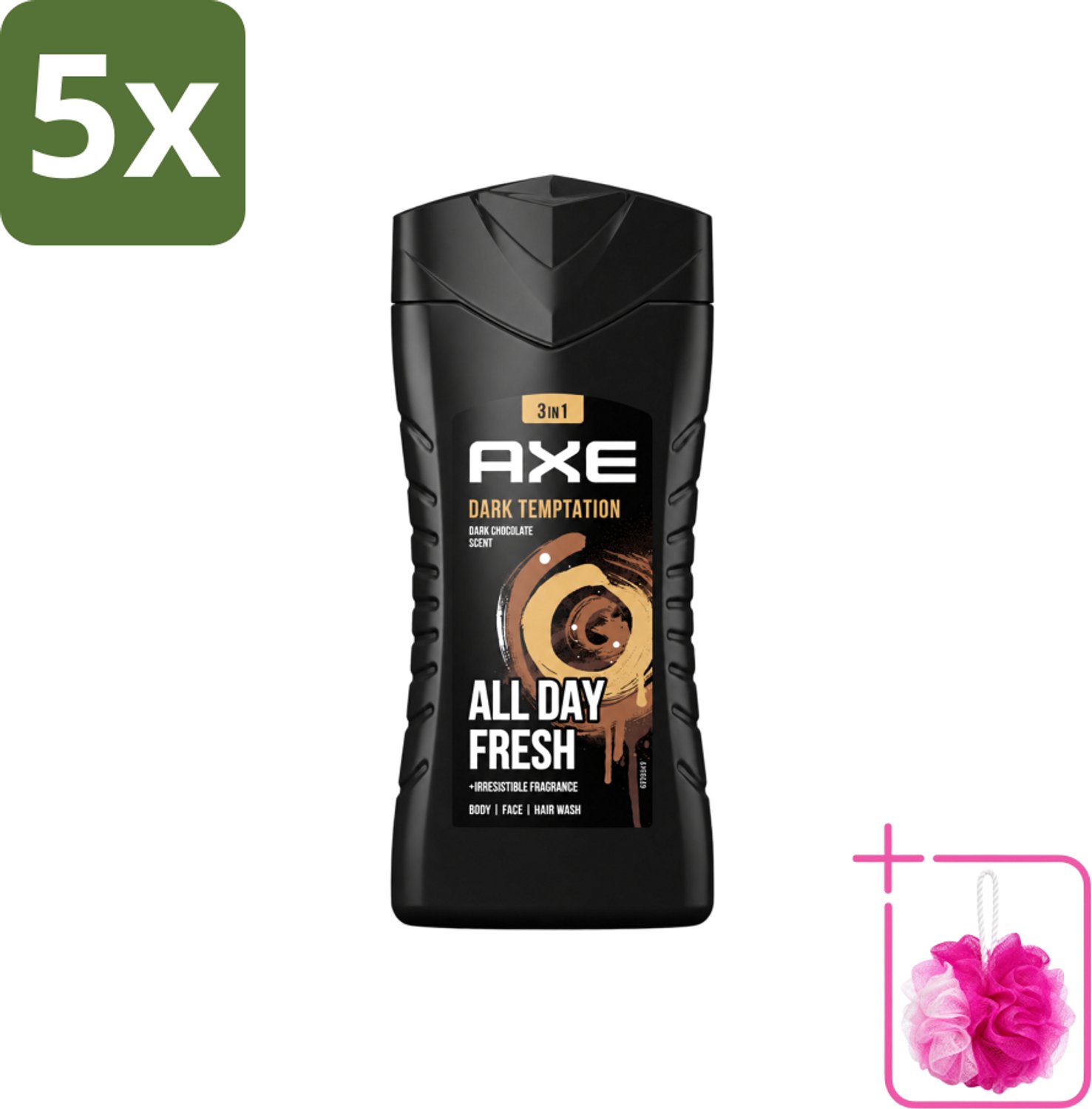 5 x Axe - 3-in-1 Douchegel - Dark Temptation - Dark Chocolate - 12hrs Long Lasting Scent - 250 ml - Bulkverpakking - Douchegel - Douchemop - Geur
