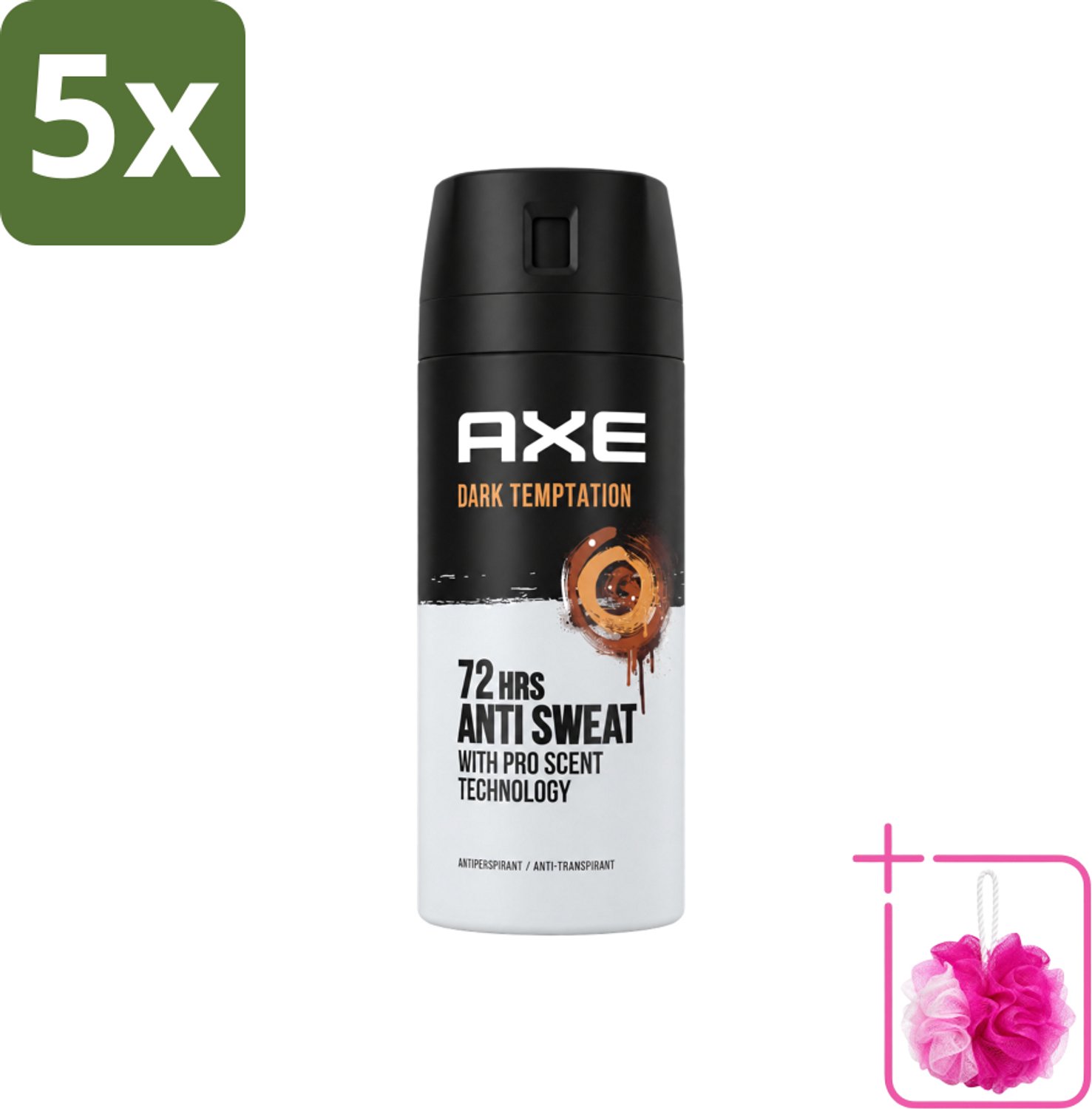5 x Axe - Deodorant Spray - 72hrs Anti Sweat - Dark Temptation - 150 ml - Bulkverpakking - Anti-sweat spray - Douchemop - 72 uur bescherming