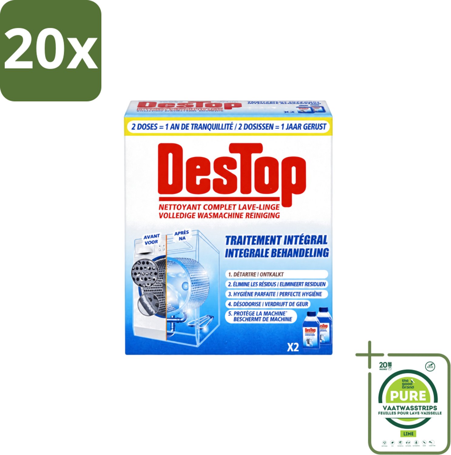 20 x Destop - Wasmachine reiniger - Integrale Behandeling - Duopack - Grootverpakking - Vaatwasstrips - Wasmachine Reiniger - Kalk Verwijderen - Wasmachine Reinigen - Wasmachine Hygiëne - Wasmachine Onderhoud