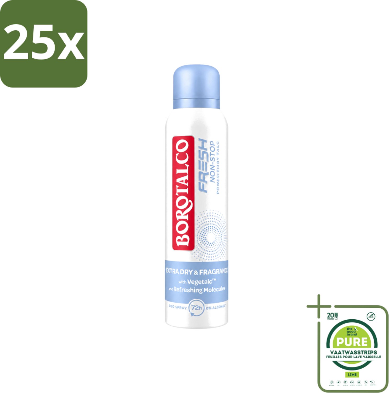 25 x Borotalco – Deodorant Spray – Fresh Non-Stop – 150 ml - Grootverpakking - Vaatwasstrips - Frisheid - Zweetbestendig - Menthol - Koel Gevoel - Deodorant Spray