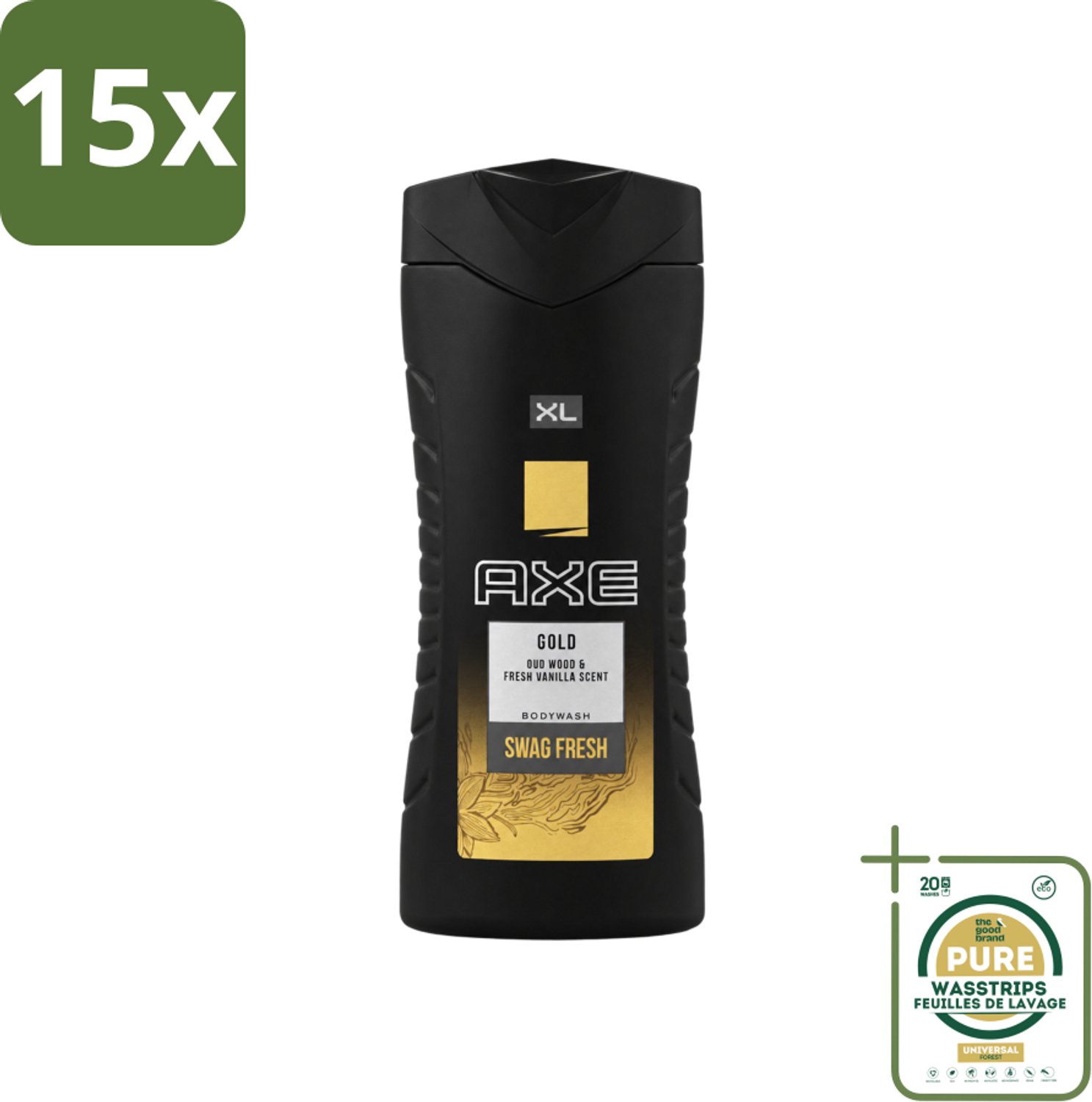 15 x Axe XL - Douchegel - Gold - Oud Wood & Fresh Vanilla - Swag Fresh - 400 ml - Wasstrips - Douchegel - Geur - Frisheid - Oud Hout - Verse Vanille
