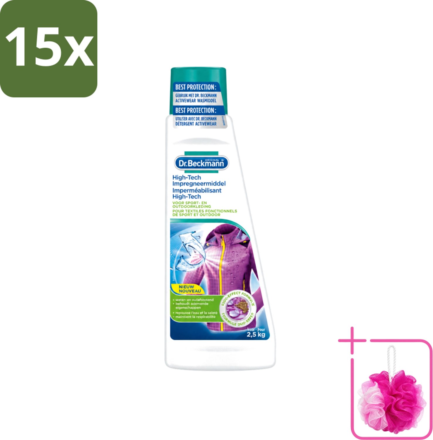 15 x Dr. Beckmann - High Tech Impregneermiddel - Sport- & Outdoorkleding - Witte en Gekleurde Was - 2.5 KG - Bulkverpakking - Sportkleding beschermen - Douchemop - Waterafstotend middel