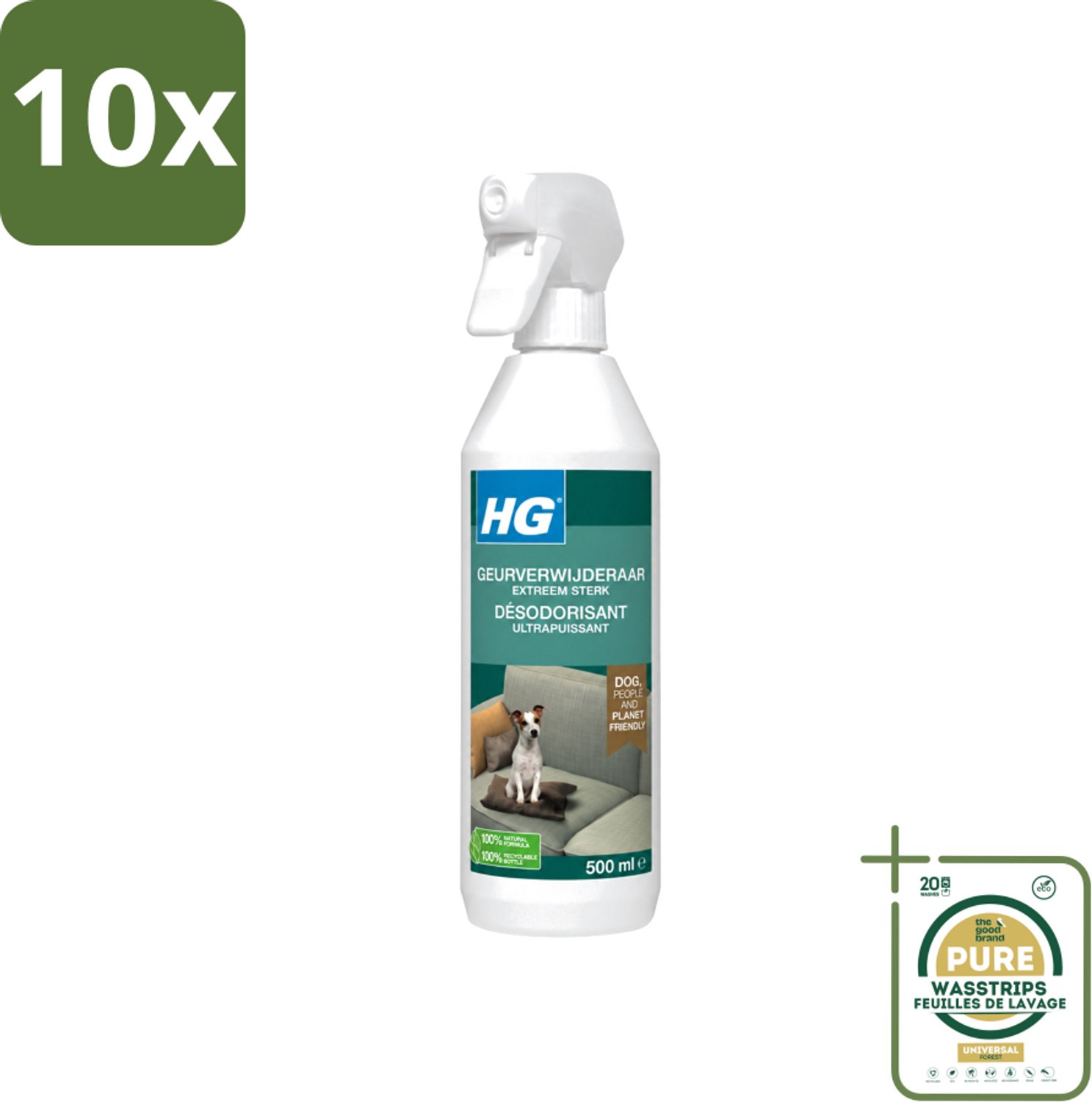 10 x HG - Geurverwijderaar Hond Spray - Extreem Sterk - Werkt Binnen 30 Minuten - 100% Biologisch - 500 ml - Wasstrips - Geurverwijderaar Hond - Hond Geur - Geur Neutraliseren - Geur In Huis - Geur In Auto