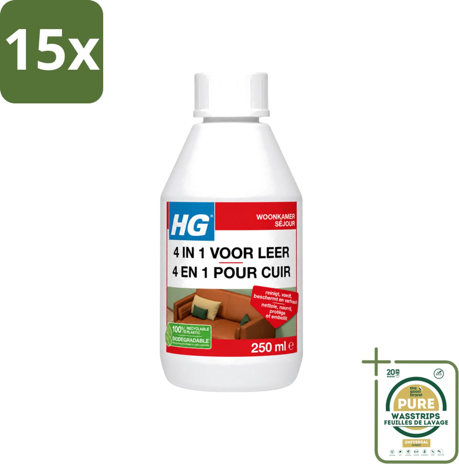 15 x HG - 4 In 1 Voor Leer - Beschermt, Voedt, Verfraait & Reinigt - 250 ml - Wasstrips - Leer Reinigen - Leer Voeden - Leer Beschermen - Leer Verfraaien - Leer Verkleuren