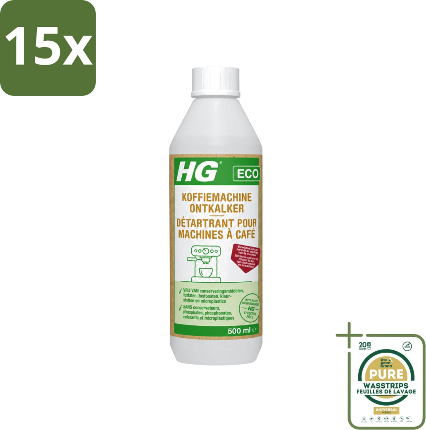 15 x HG ECO - Koffiemachine Ontkalker - Op Basis Van Citroenzuur - 6 Reinigingsbeurten - 500 ml - Wasstrips - Koffiemachine Ontkalker - Citroenzuur - Kalkaanslag Verwijderen - Espresso Machine Ontkalker - Padkoffiemachine Ontkalker