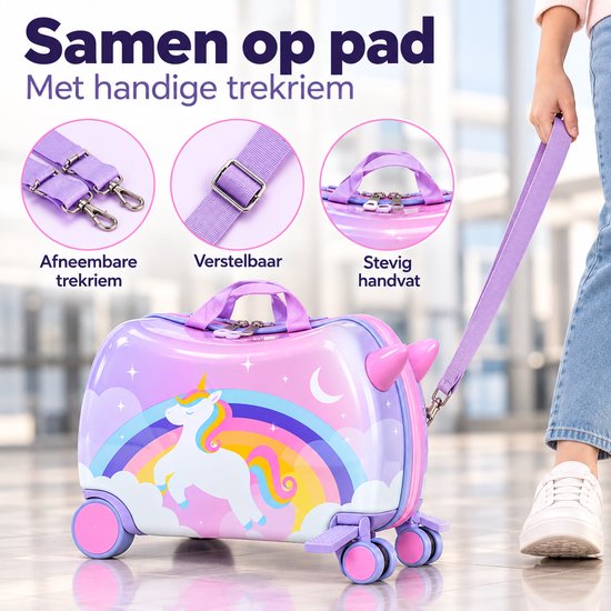 Kindertrolley met eenhoornprint en afneembare, verstelbare trekriem voor kinderen.