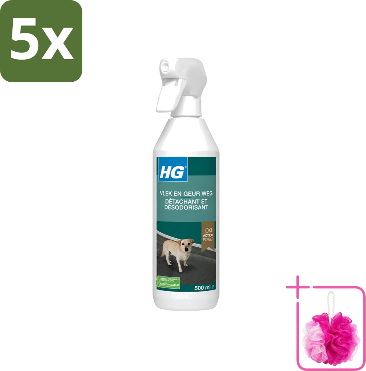 5 x HG - Vlek & Geur Weg Spray - Hond - Oxi Action Power - Hardnekkige Werking - 500 ml - Bulkverpakking - Hondvlek weg - Douchemop - Hondgeur weg