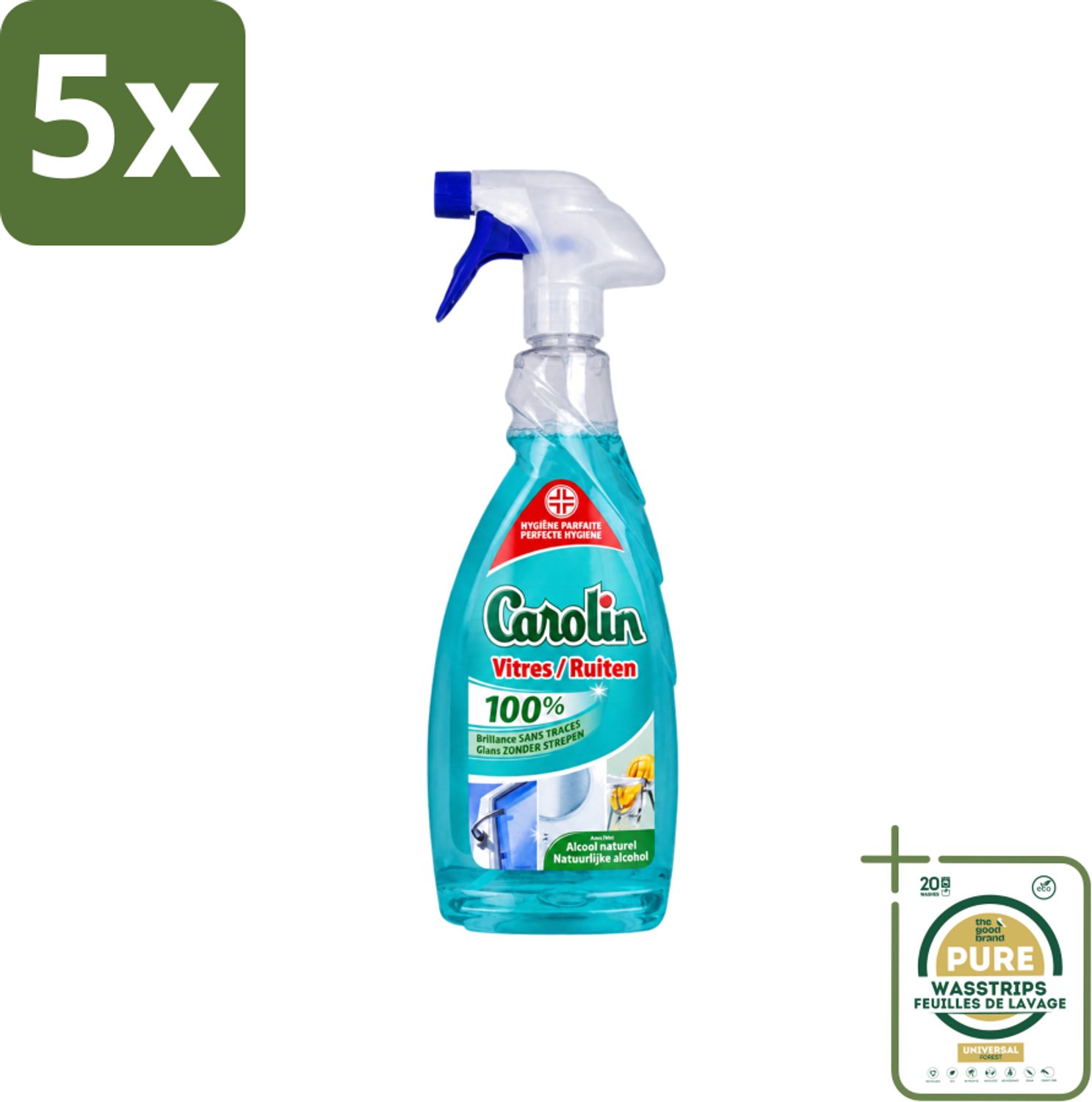 5 x Carolin - Glas- en Ruitenreiniger - Met Natuurlijke Alcohol - 650 ml - Wasstrips - Glas Reinigen - Ruiten Reinigen - Glas Reiniger - Ruiten Reiniger - Natuurlijke Alcohol