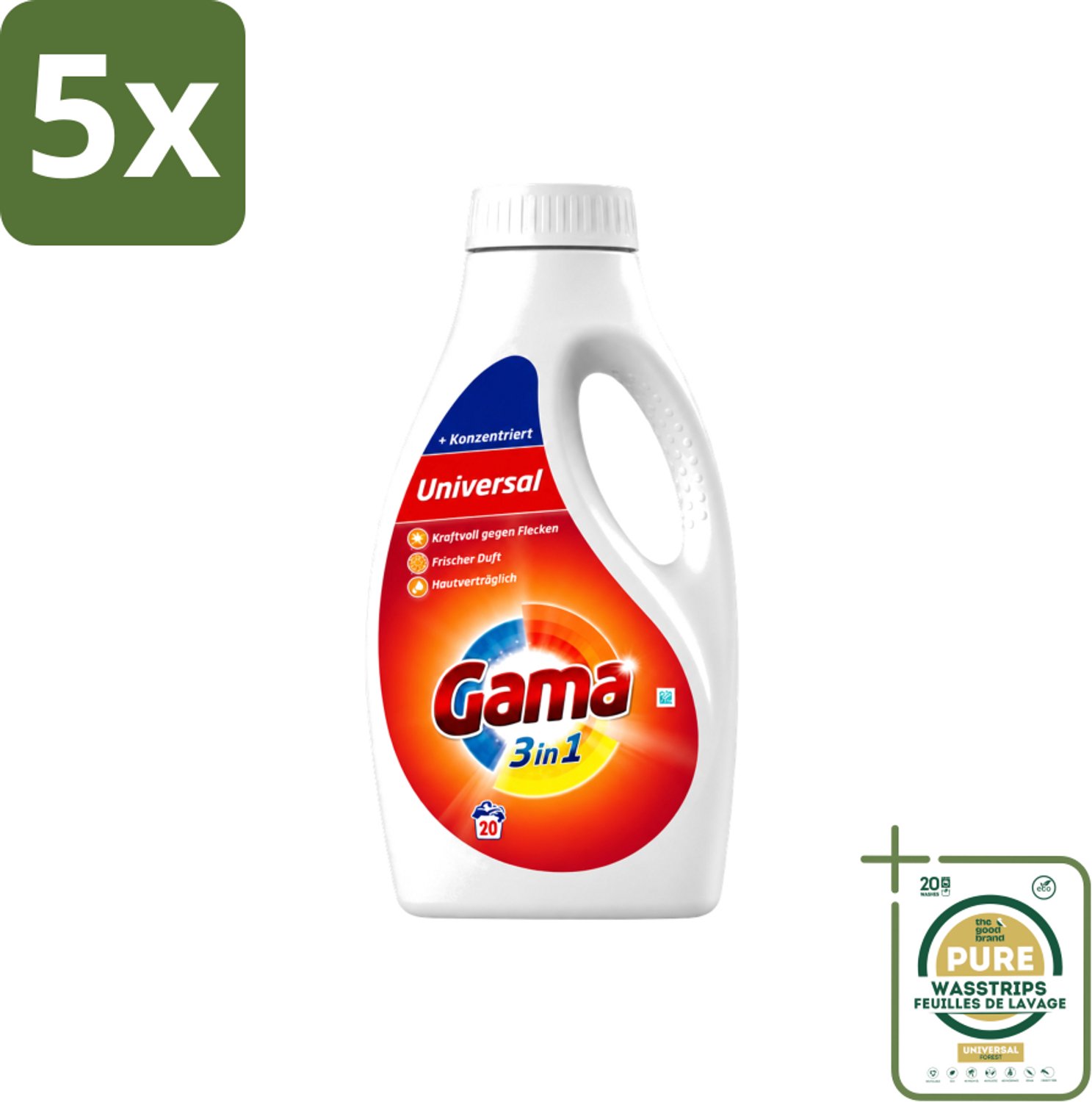 5 x Gama - Wasmiddel - 3 In 1 - Huidvriendelijk - 20 Wasbeurten - Wasstrips - Wasmiddel - 3 In 1 - Huidvriendelijk - Wasbeurt - Frisheid