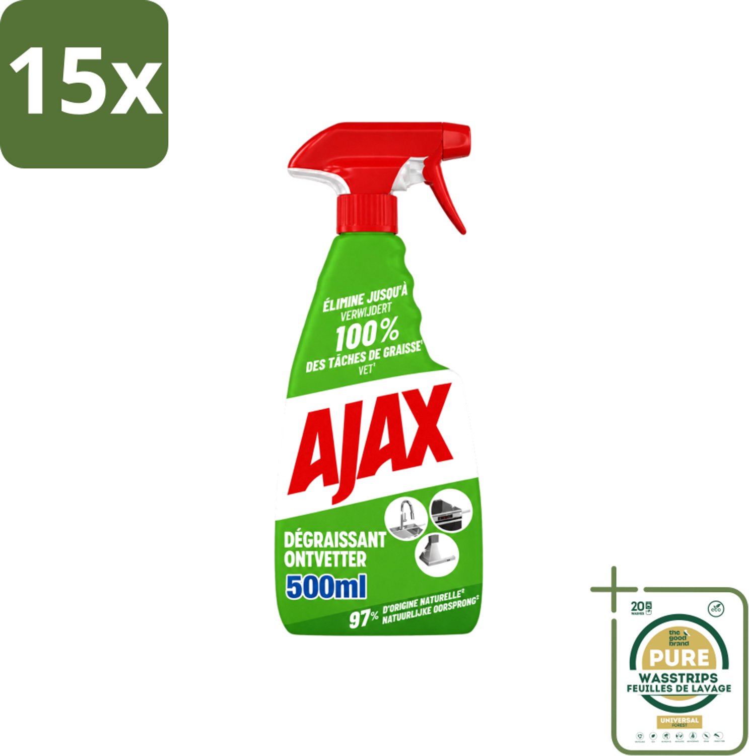 15 x Ajax – Ontvetter Spray – 500 ml - Wasstrips - Ajax Ontvetter - Ontvetter Spray 500 Ml - Vet Verwijderen - Keukenreiniger - Krachtige Ontvetter