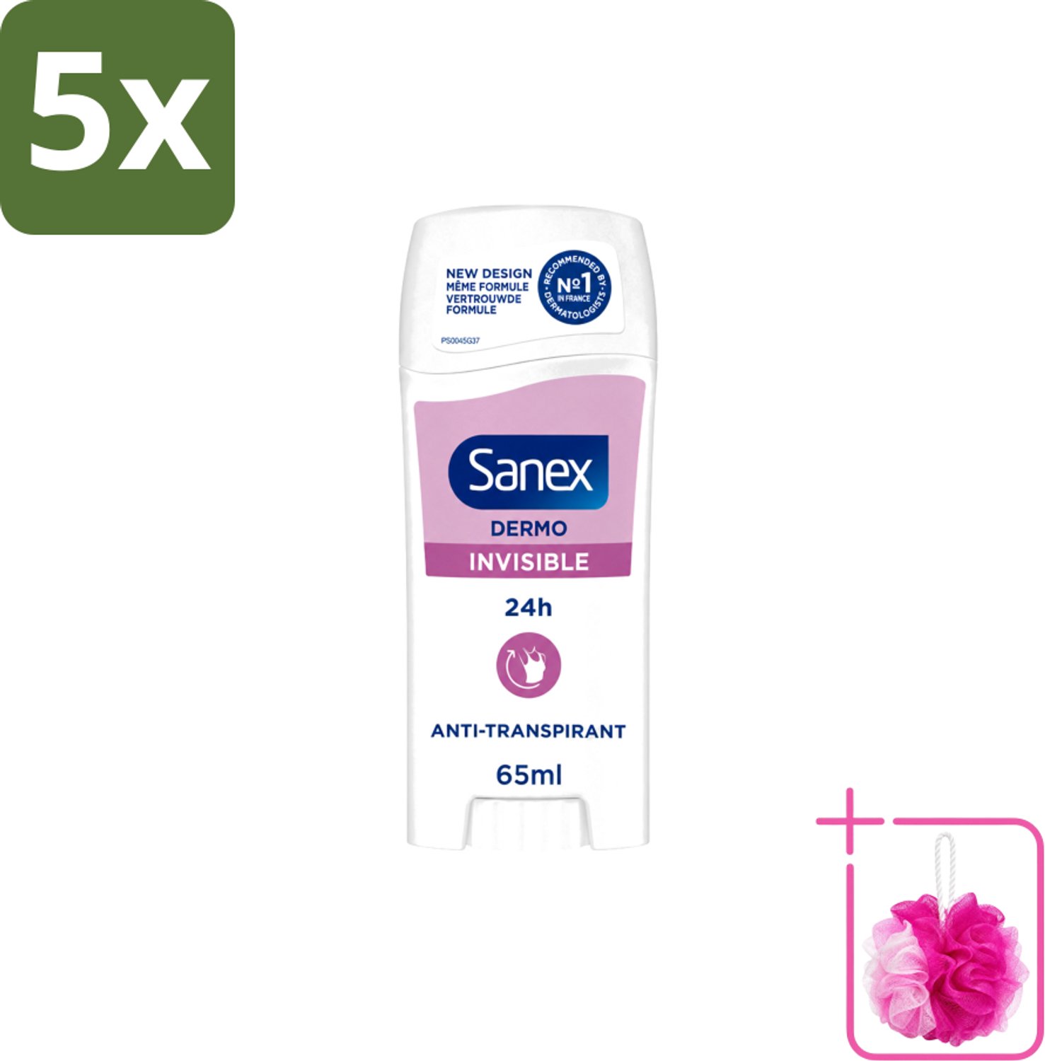 5 x Sanex – Deodorant Stick – Dermo Invisible – 65 ml - Bulkverpakking - Onzezichtbare deodorantstick - Douchemop - Deodorantstick