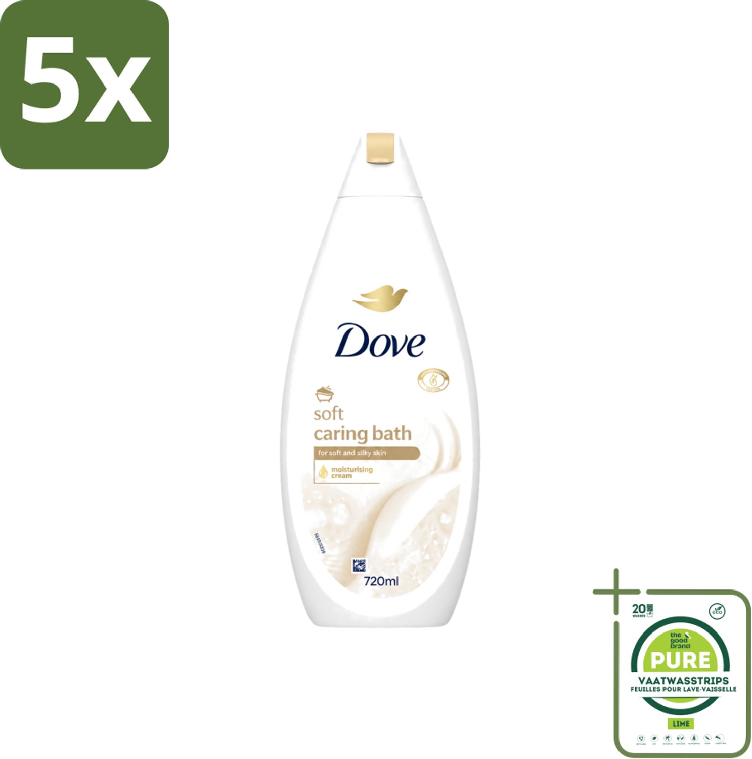 5 x Dove – Badcrème – Soft – 720 ml - Grootverpakking - Vaatwasstrips - Douchegel - Zachte Reiniging - Zijdeachtige Huid - Glycerine - Huidverzorging