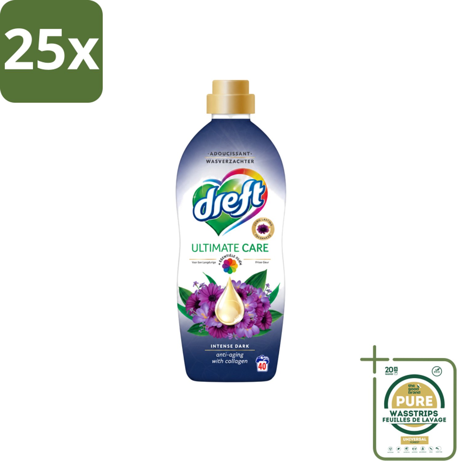 25 x Dreft – Wasverzachter – Ultimate Care Intense Dark – 40 Wasbeurten - Wasstrips - Wasverzachter - Kleurbescherming - Collageen - Wasgoed Verzorgen - Anti-aging Was