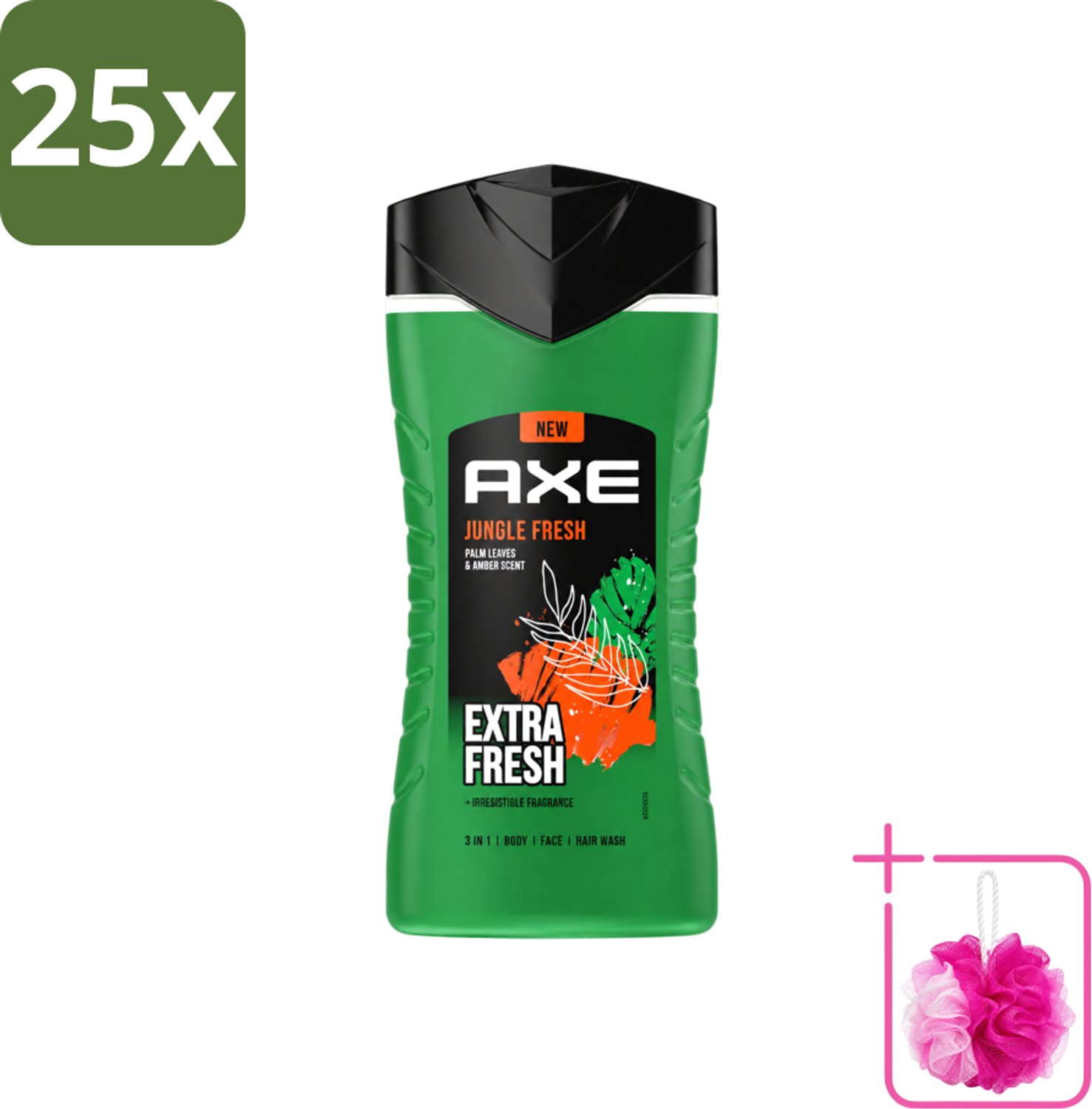 25 x Axe - 3-in-1 Douchegel - Jungle Fresh - Palm Leaves & Amber - Extra Fresh - 250 ml - Bulkverpakking - Douchegel - Douchemop - Lichaam