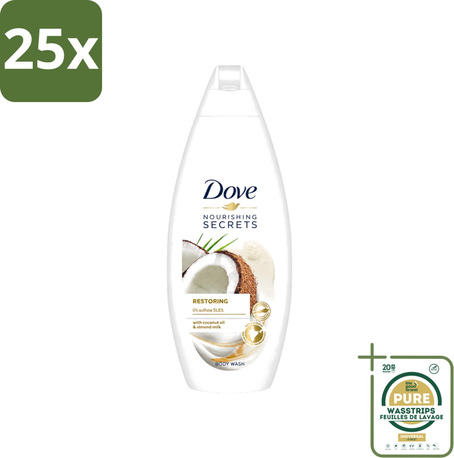 25 x Dove Nourishing Secrets - Douchegel - Kokosolie & Amandel melk - Sulfaatvrij - 250 ml - Wasstrips - Douchegel - Kokosolie - Amandelmelk - Natuurlijke Verzorging - Sulfaatvrije Douchegel