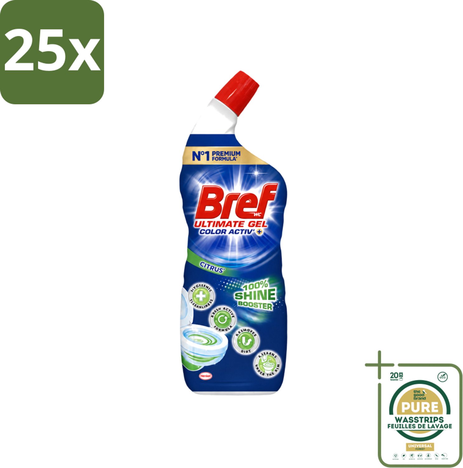 25 x Bref WC - Ultimate Gel Color Activ+ - Toiletreiniger - Citrus - 700 ml - Wasstrips - Hygiëne Toilet - Toilet Reinigen - Toilet Reinigingsgel - Toilet Reinigingsproduct - Toilet Kalk Bestrijden