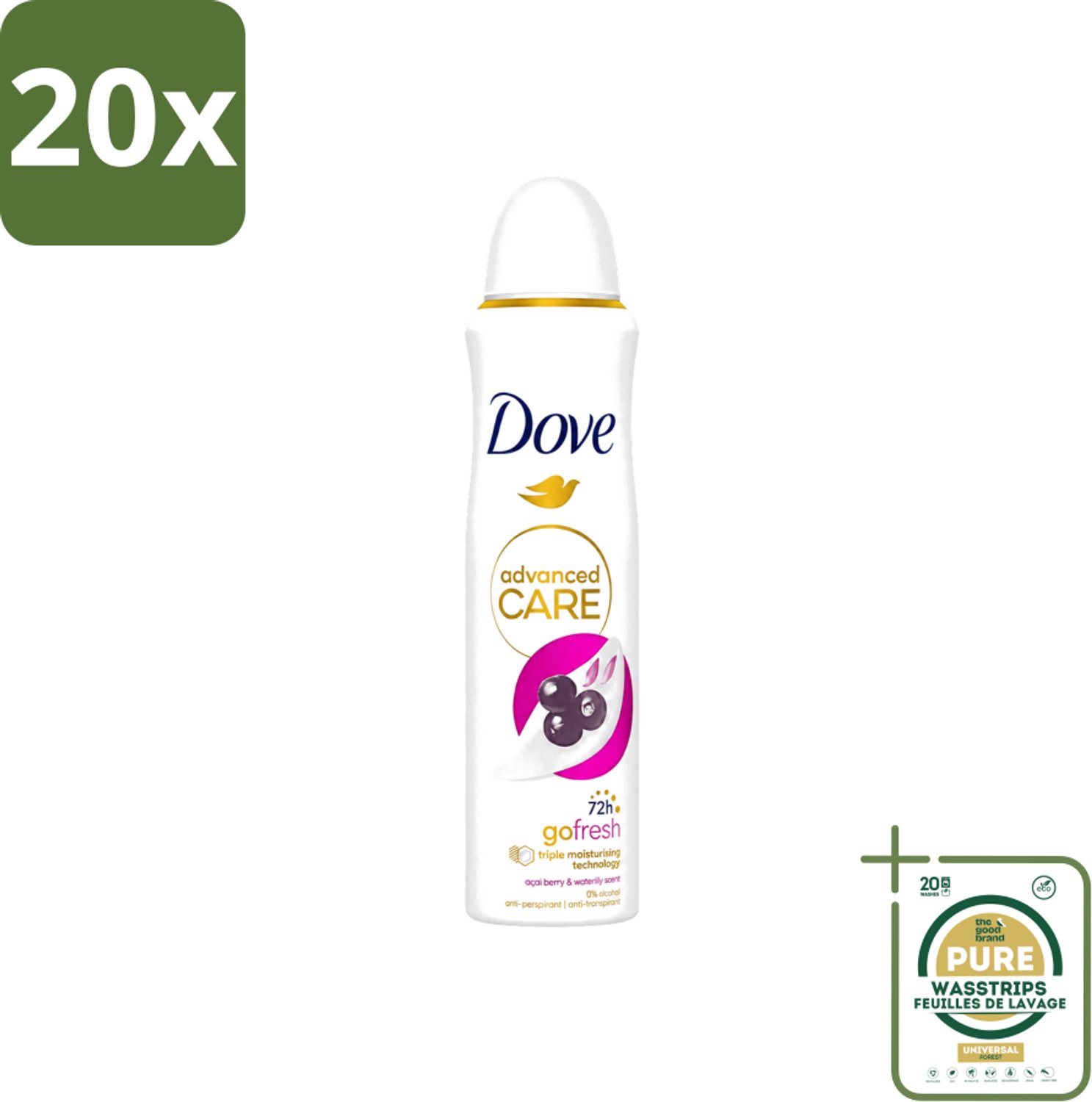 20 x Dove - Deospray - Acai Bes & Waterlelie - 150 ml - Wasstrips - Acai Bes & Waterlelie Deospray - Deospray Oksels - Geur Van Acai Bessen - Geur Van Waterlelie - Transpiratie Bescherming