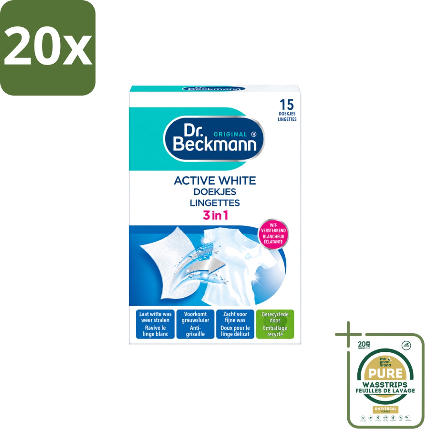20 x Dr. Beckmann - Kleurverzorging - Active White - Witte Was - 15 Doekjes - Wasstrips - Witwas - Grauwsluier Verwijderen - Witte Was Herstellen - Actieve Witmaker - Was Reinigen