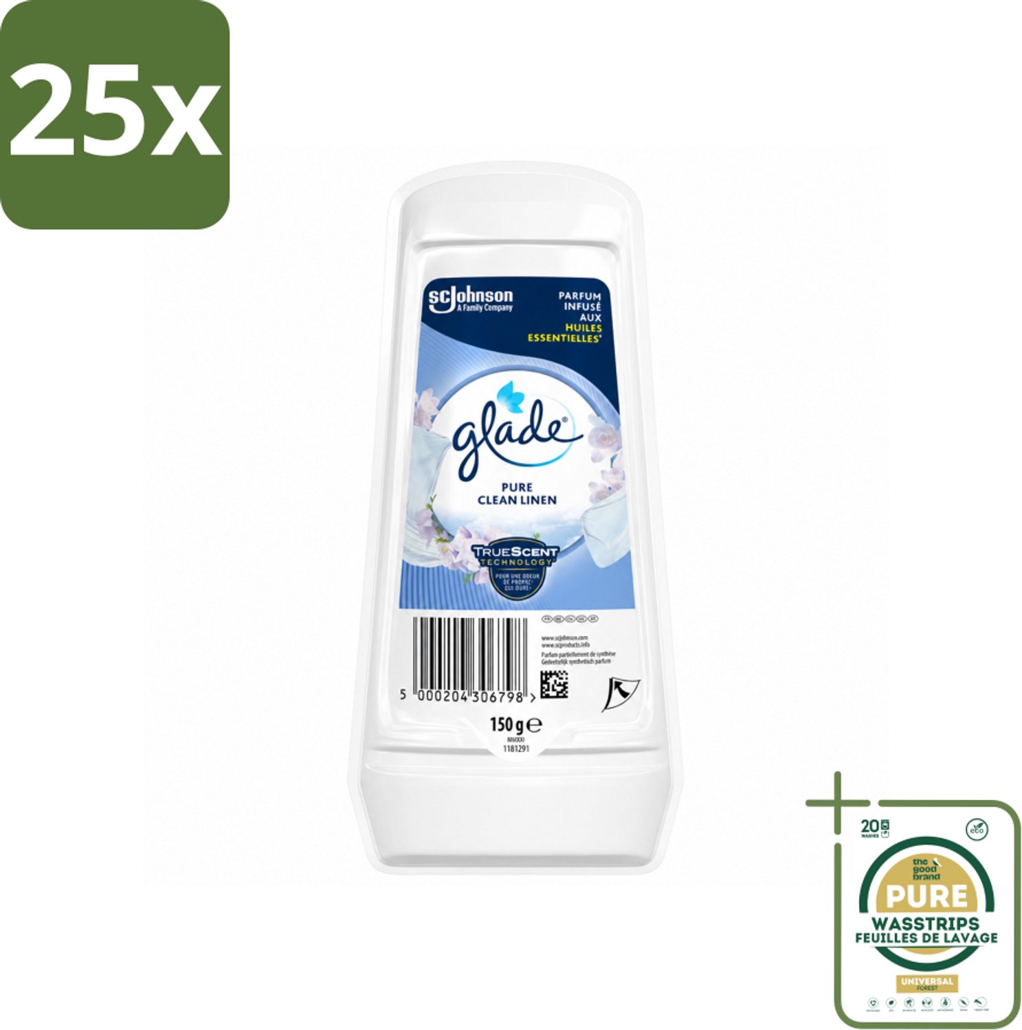 25 x Glade - Gel - Pure Clean Linen - 150 g - Wasstrips - Luchtverfrisser Gel - Frisse Geur - Linnengeur - Geurverspreider - Geur In Huis